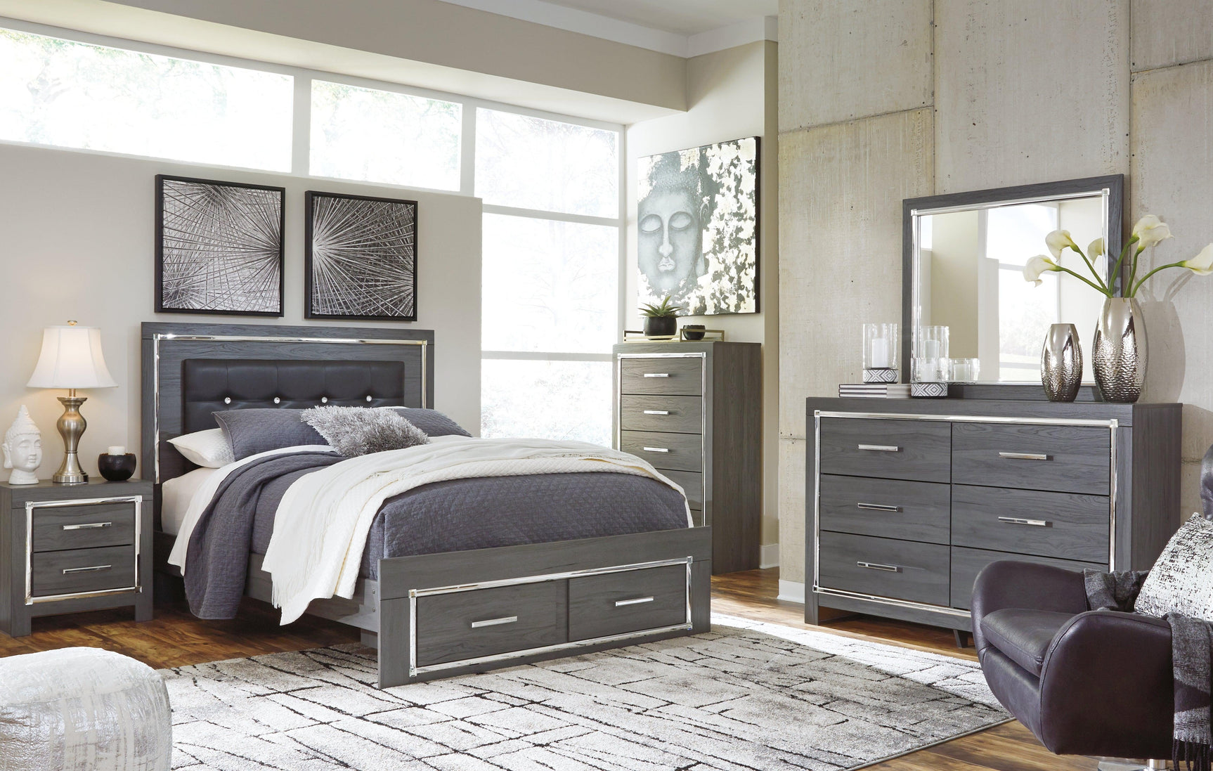 Detail of faux crystal and chrome-tone metal accents on Lodanna bed