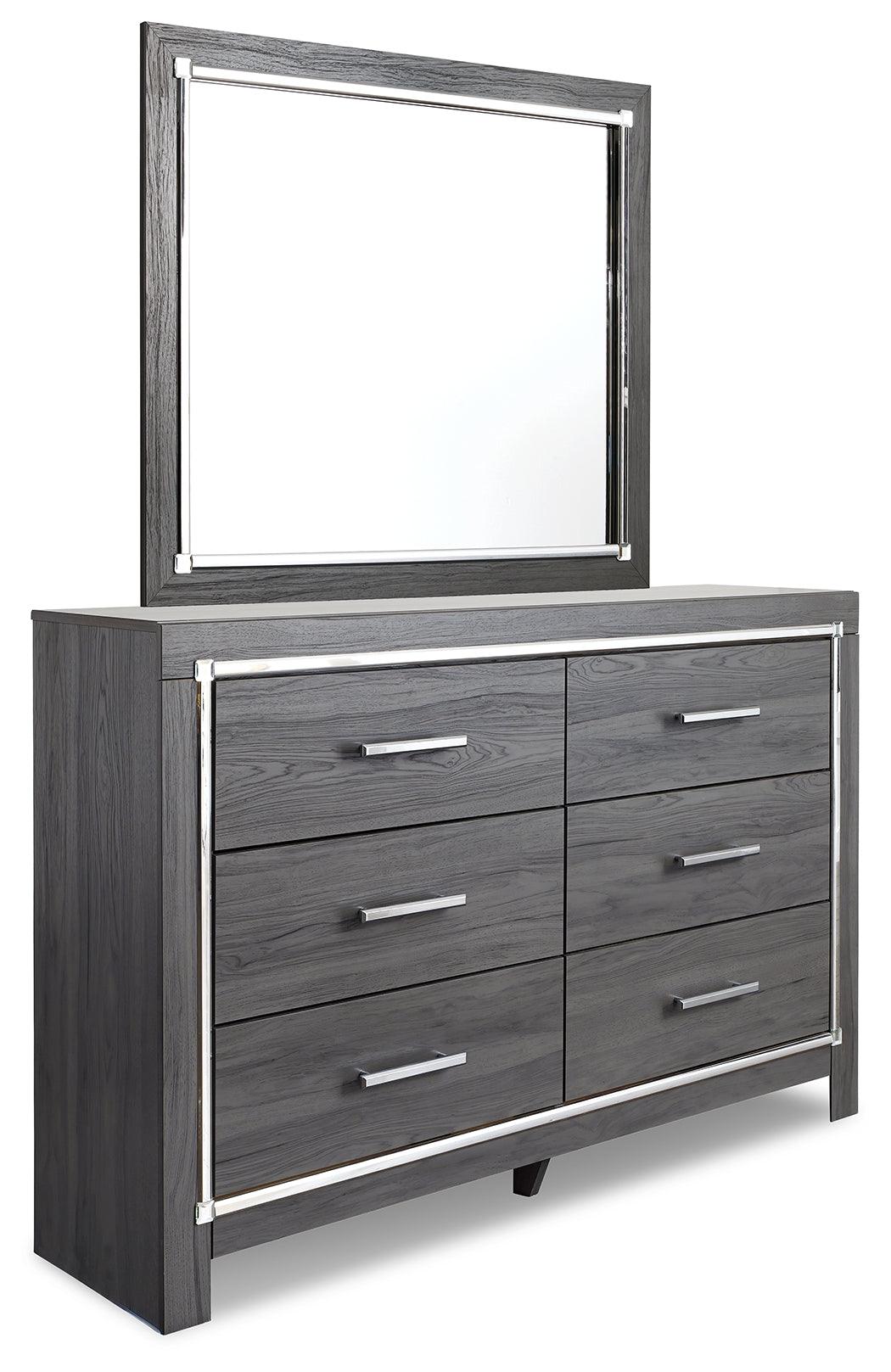 Close-up of chrome-tone drawer pull on Lodanna dresser