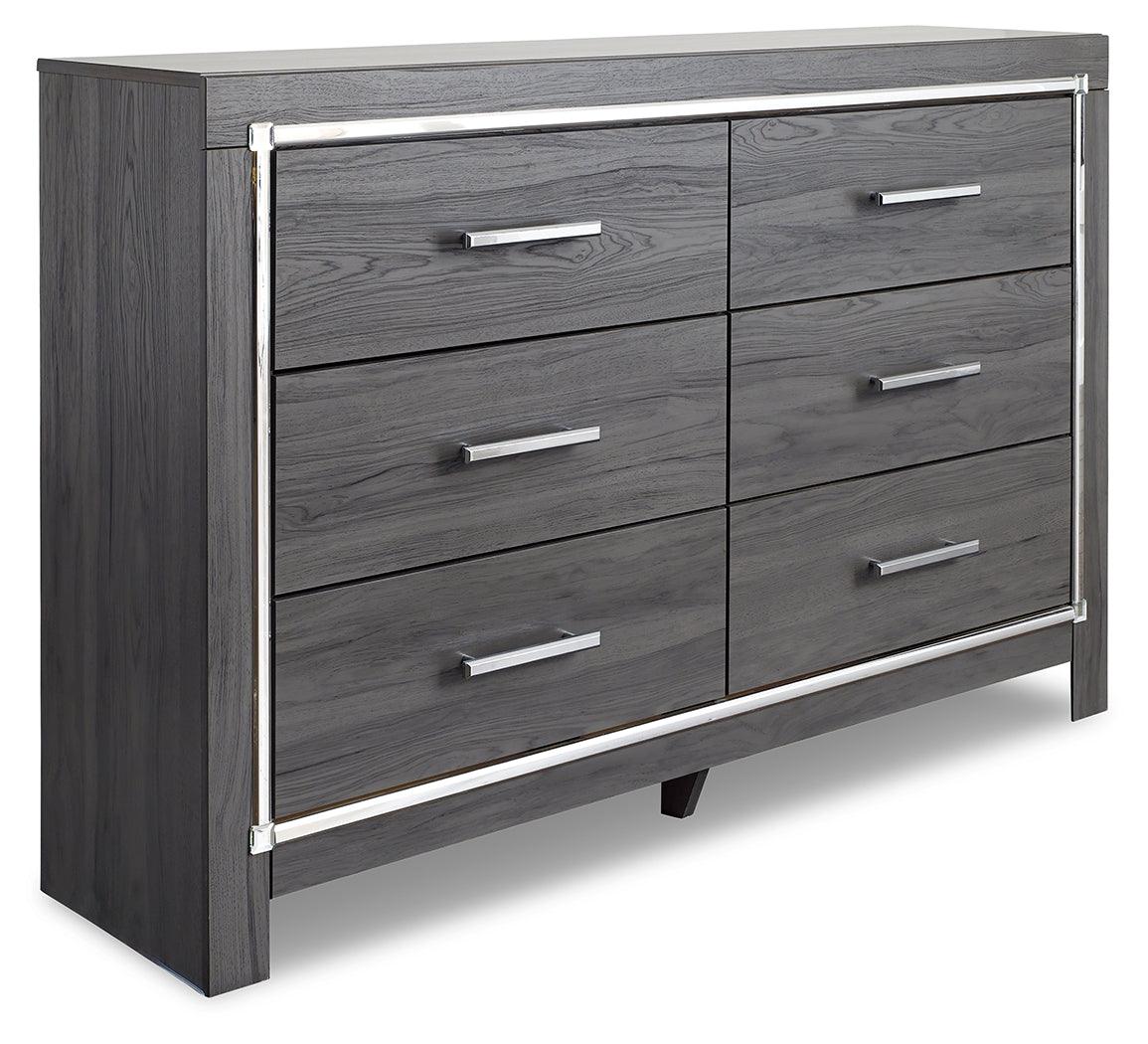 Lodanna Gray Dresser angled view showing chrome-tone pulls