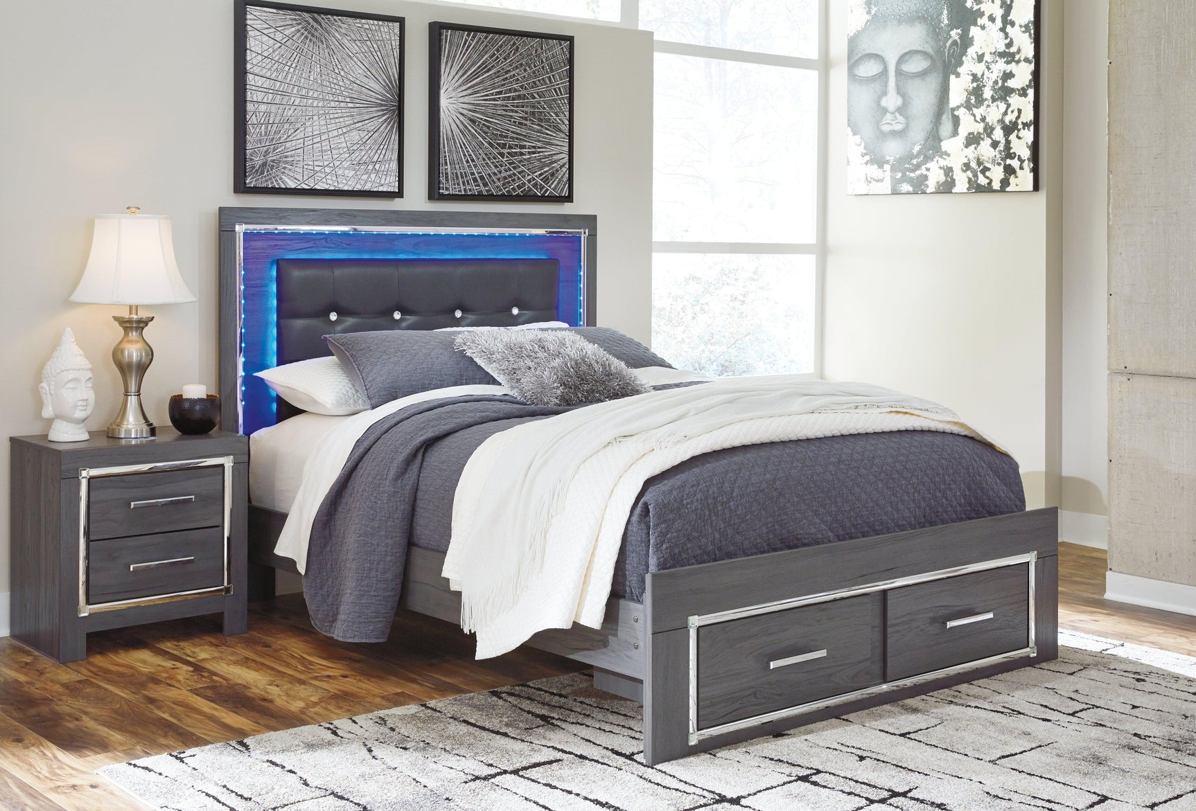 Side view of Lodanna Queen Panel Bed showing LED lighting