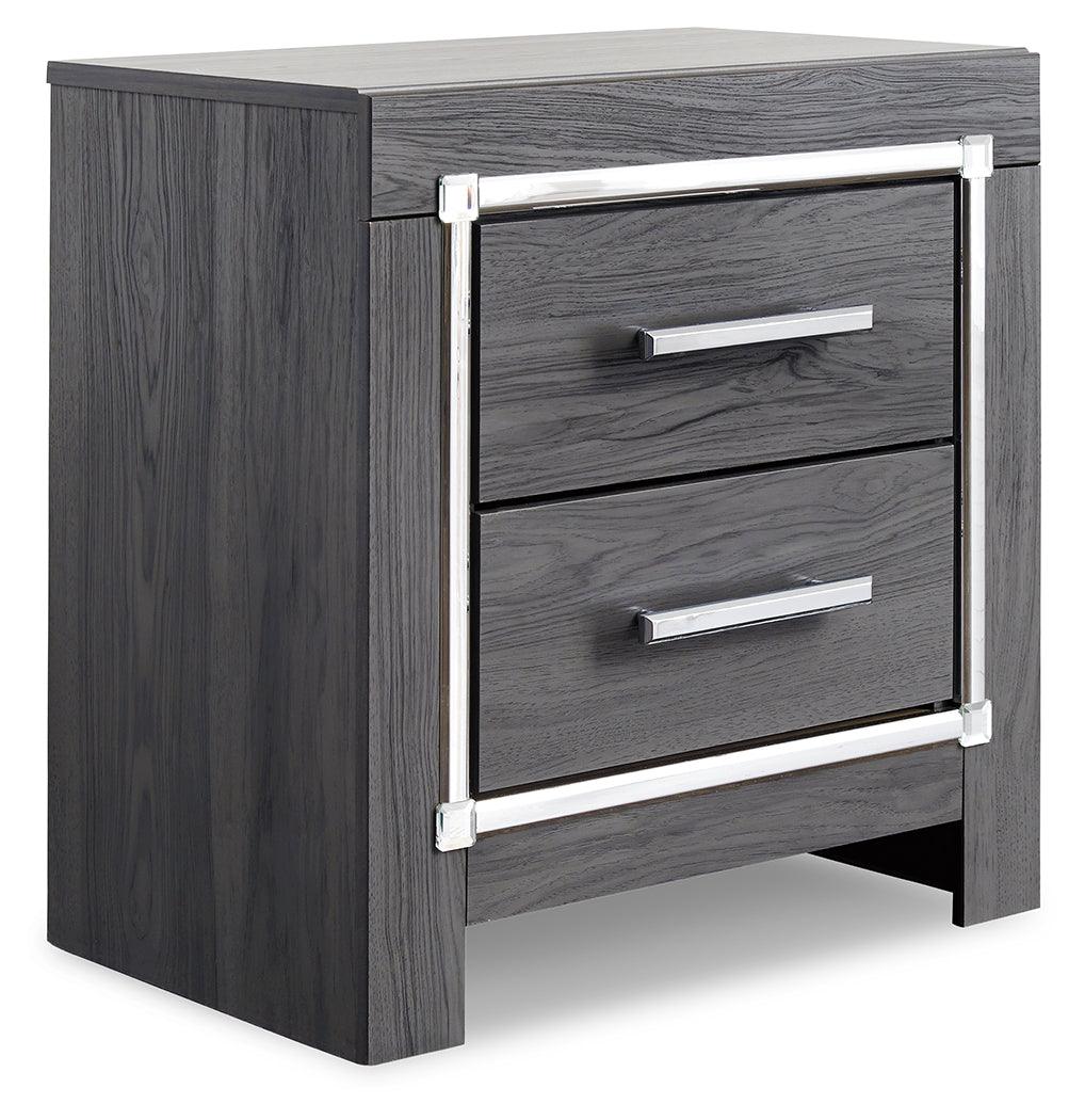 Lodanna Gray Nightstand angled view highlighting chrome-tone accents