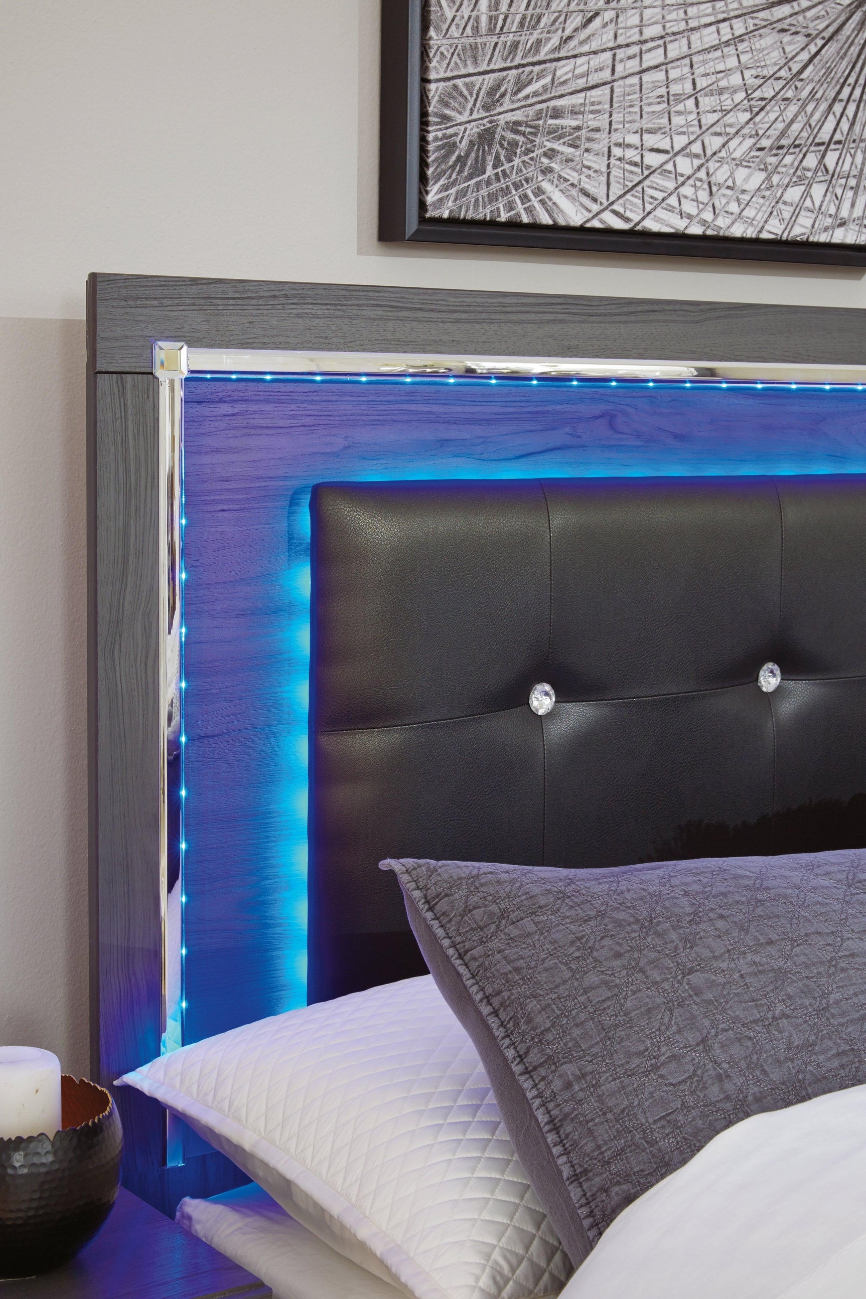 Close-up of LED lighting on Lodanna Gray Bed