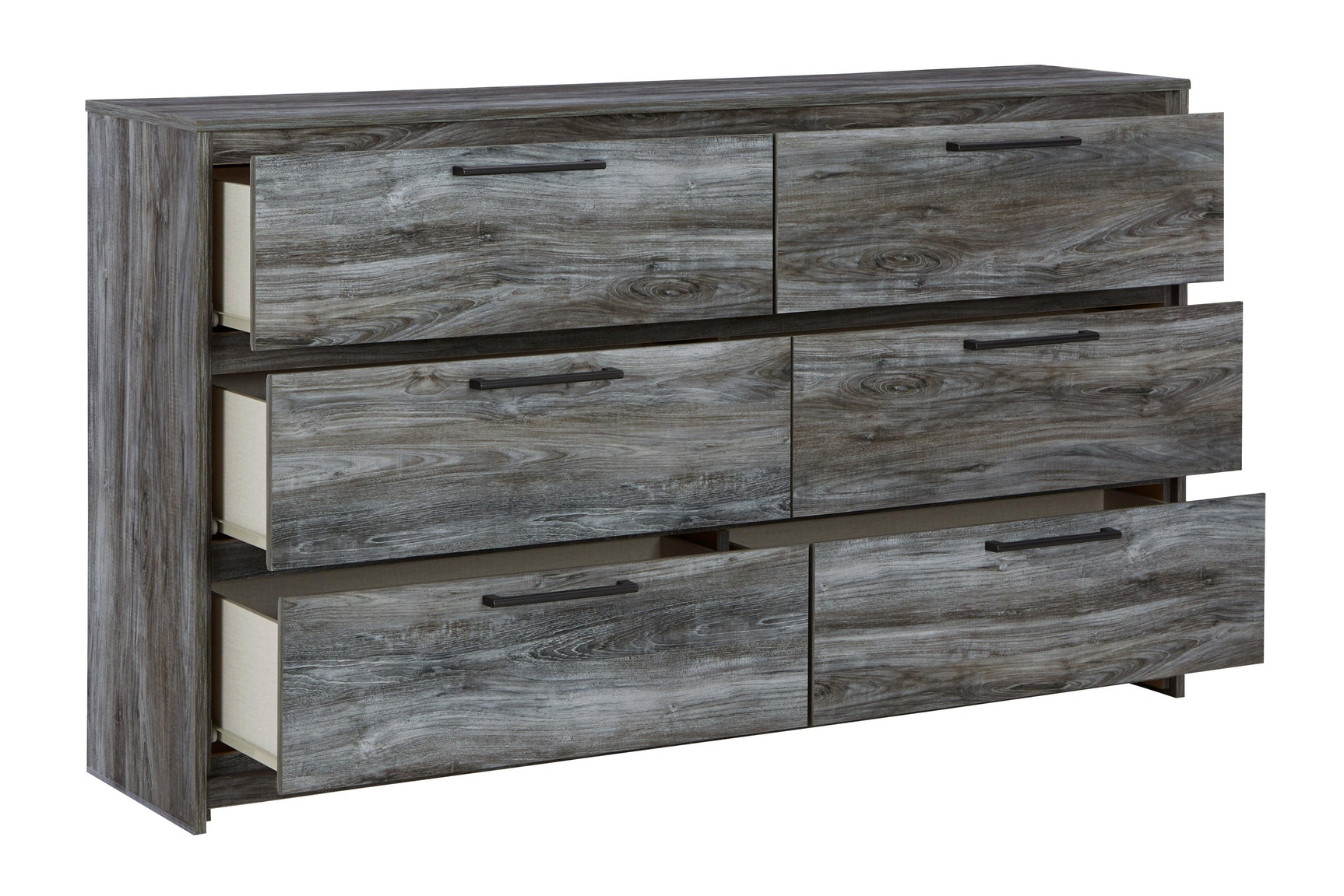 Baystorm Gray Dresser detail of antiqued gunmetal-tone drawer pulls