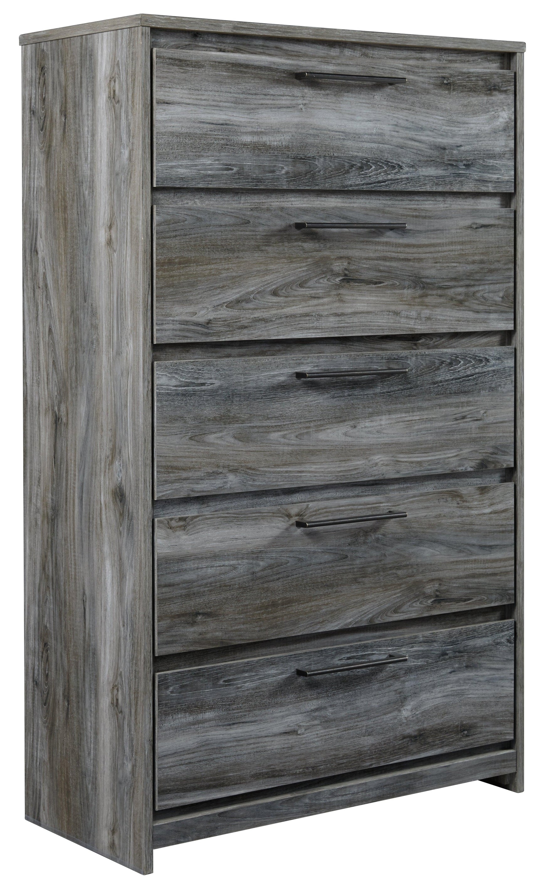 Baystorm Gray Chest of Drawers side angle displaying five drawers