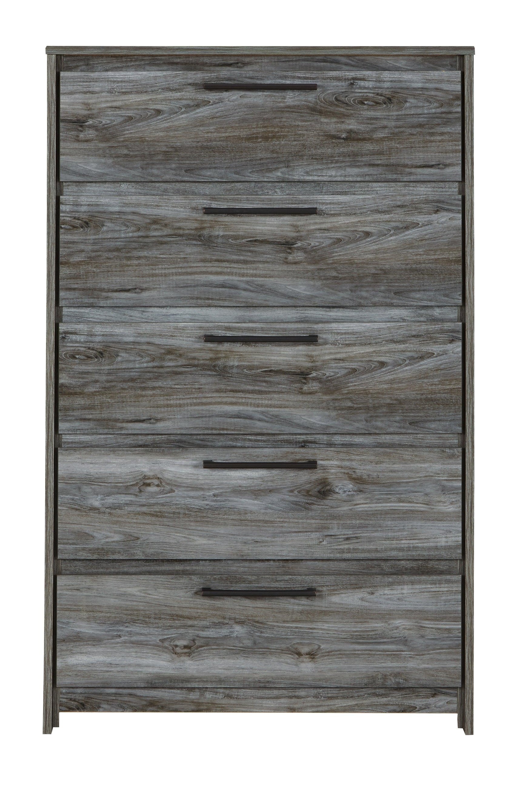 Baystorm Gray Chest of Drawers head-on view highlighting hardware