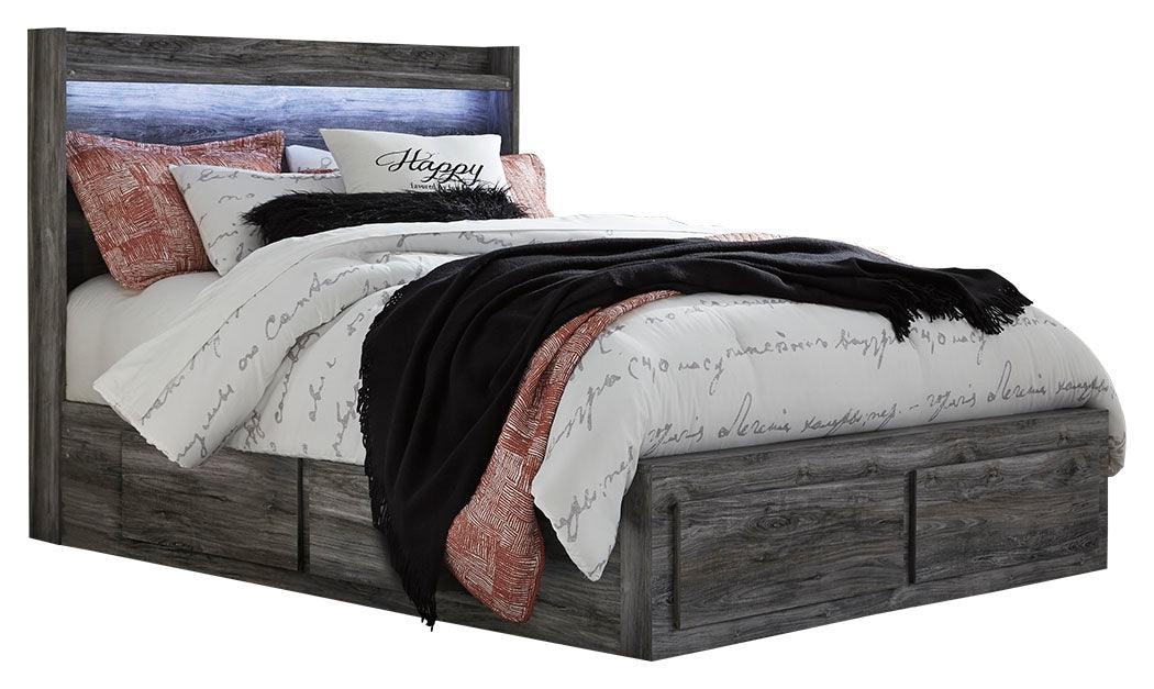 Baystorm Queen Panel Bed with 6 Storage Drawers, detailed view of headboard and storage drawers