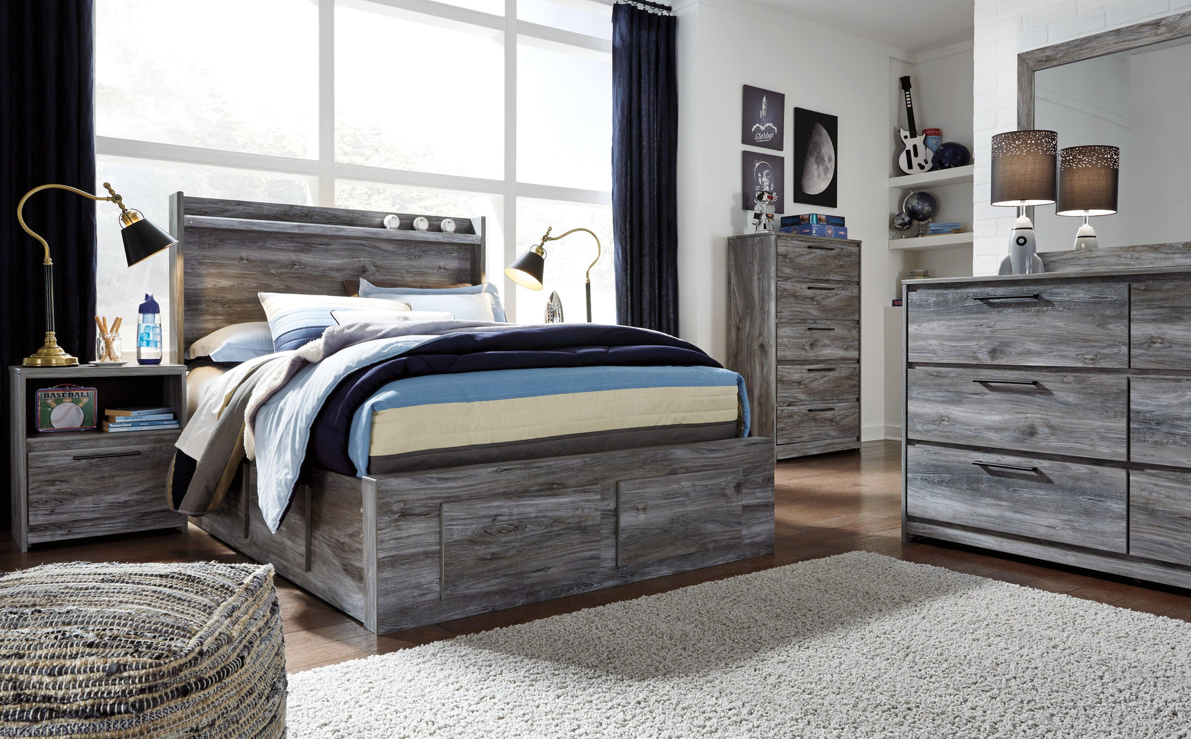 Baystorm Full Panel Storage Bed styled in bedroom with built-in LED headboard lighting