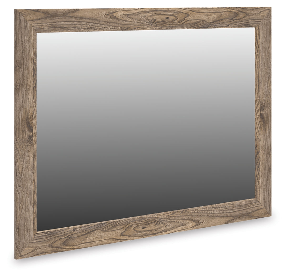 Rusticott brown bedroom mirror angled side view showing hickory grain finish