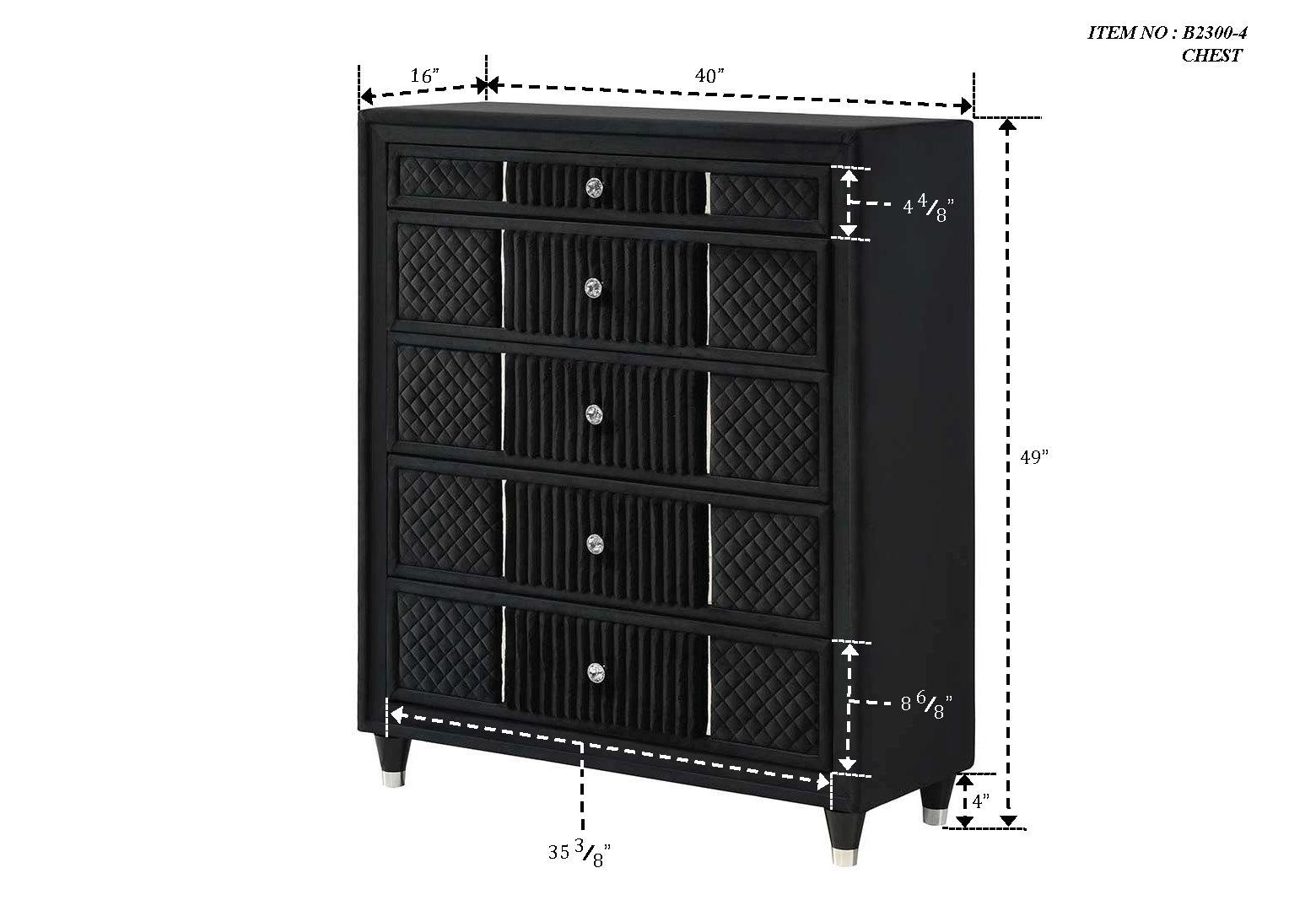 Armany Black Upholstered Chest side view showing drawers