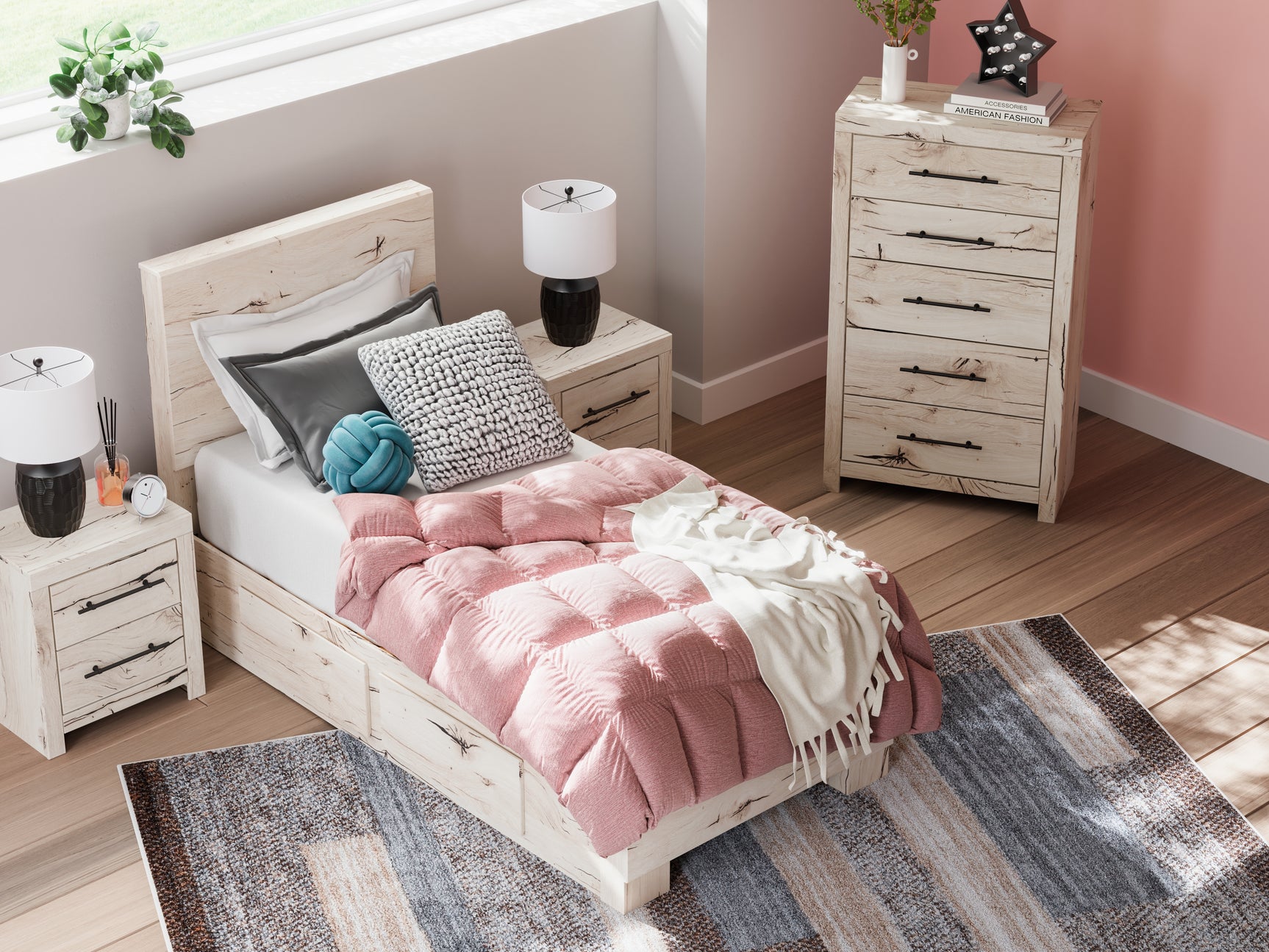 Lawroy twin panel bed in light natural finish with storage drawers