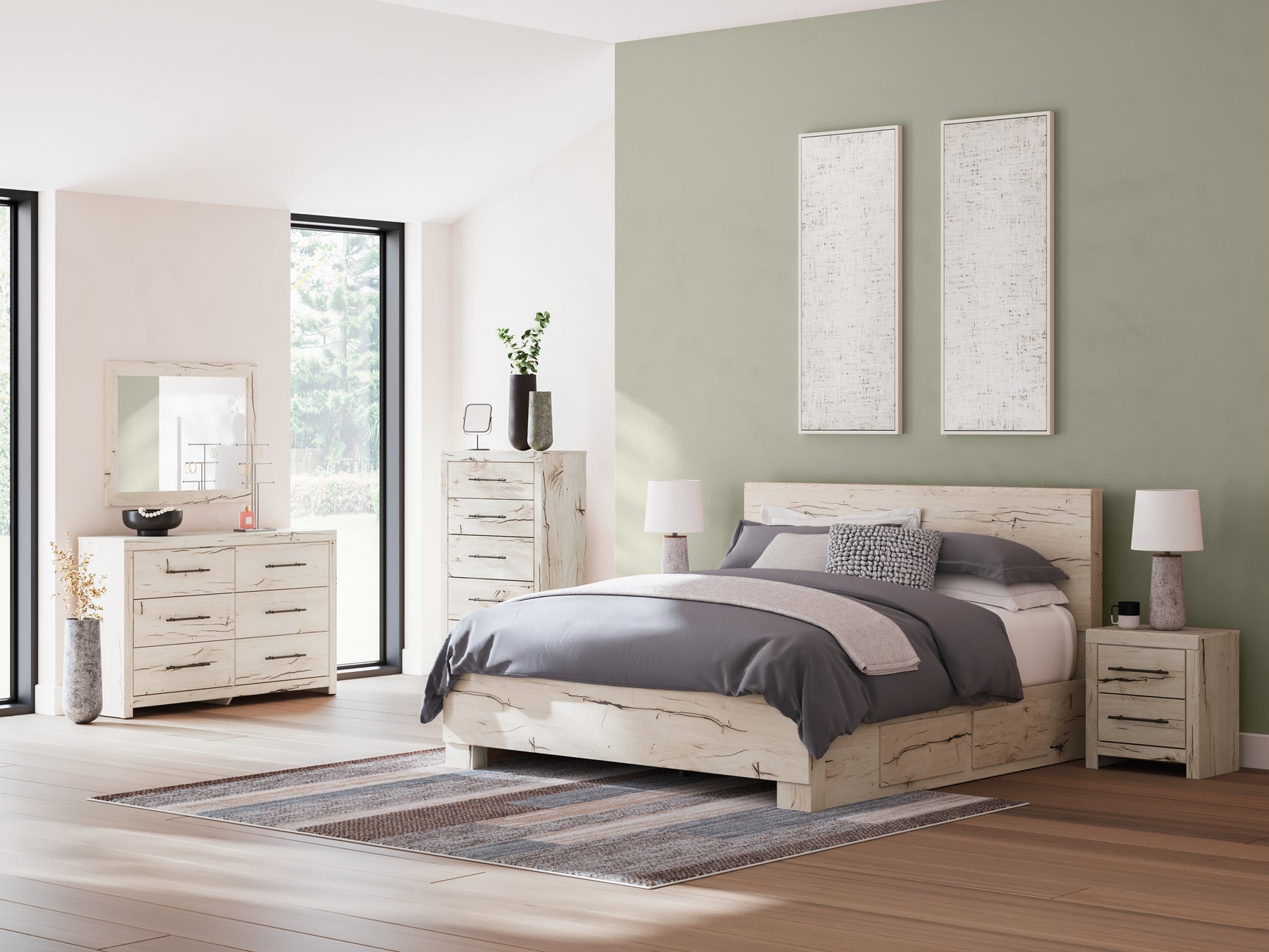 Lawroy Light Natural King Panel Bed with Storage, front view in rustic white finish