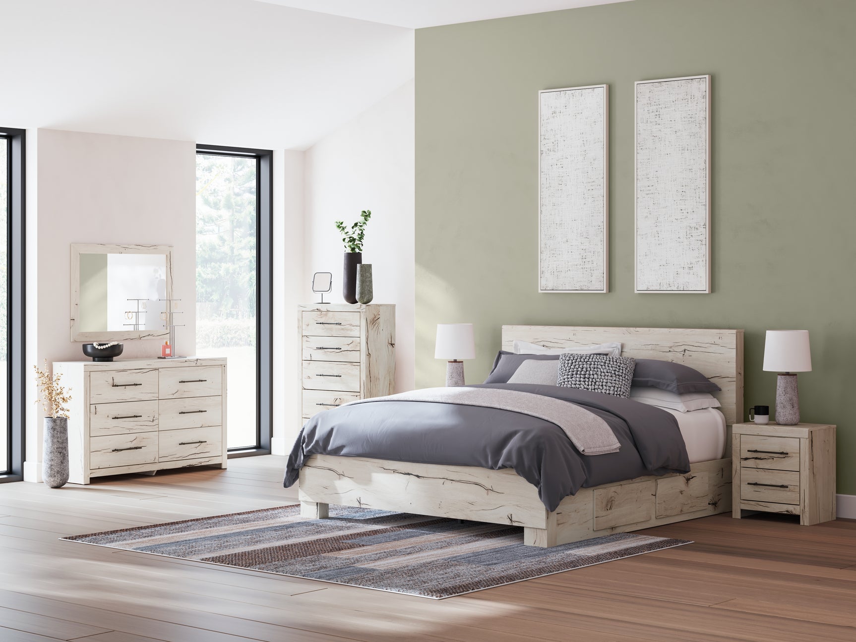 Lawroy Light Natural King Panel Bed with Storage, front view in rustic white finish