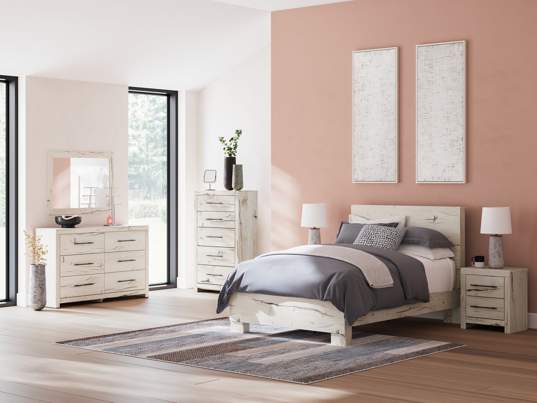 Rustic white finish detail of Lawroy bed frame