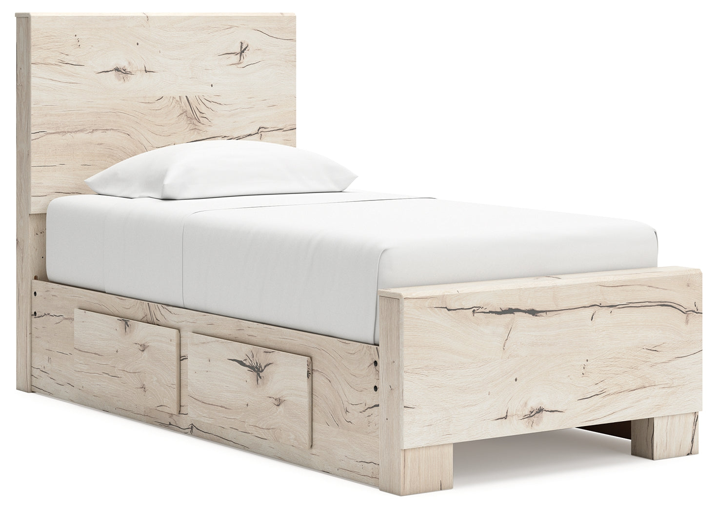 Open drawer detail of Lawroy twin bed showing faux linen laminate interior