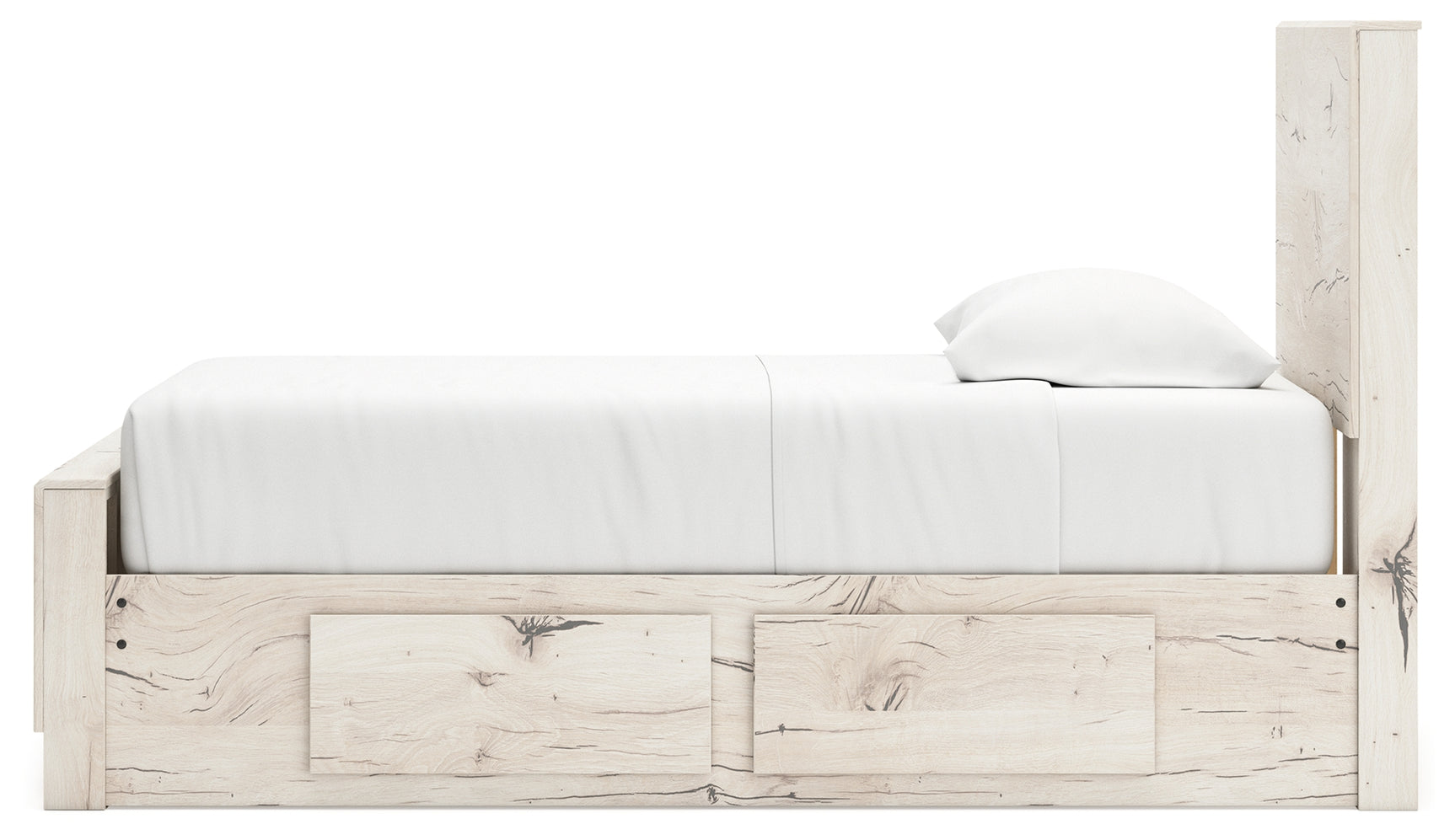Lawroy twin panel bed in light natural finish with storage drawers