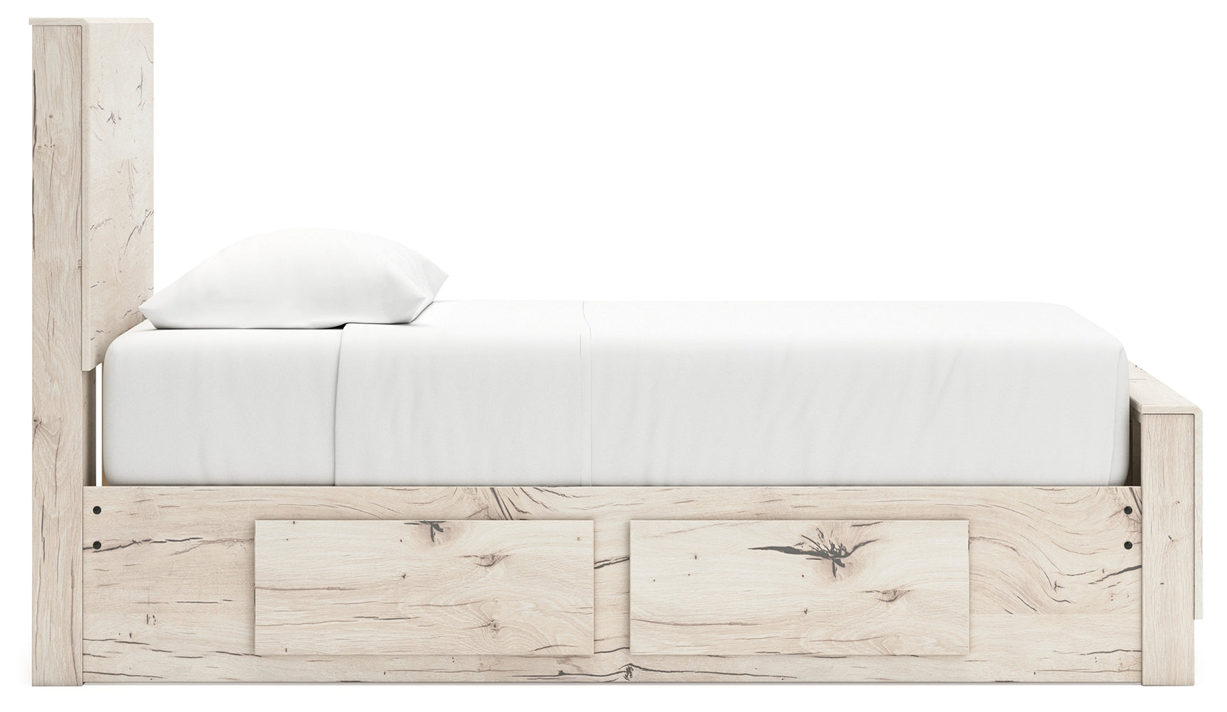 Lawroy twin panel bed in light natural finish with storage drawers