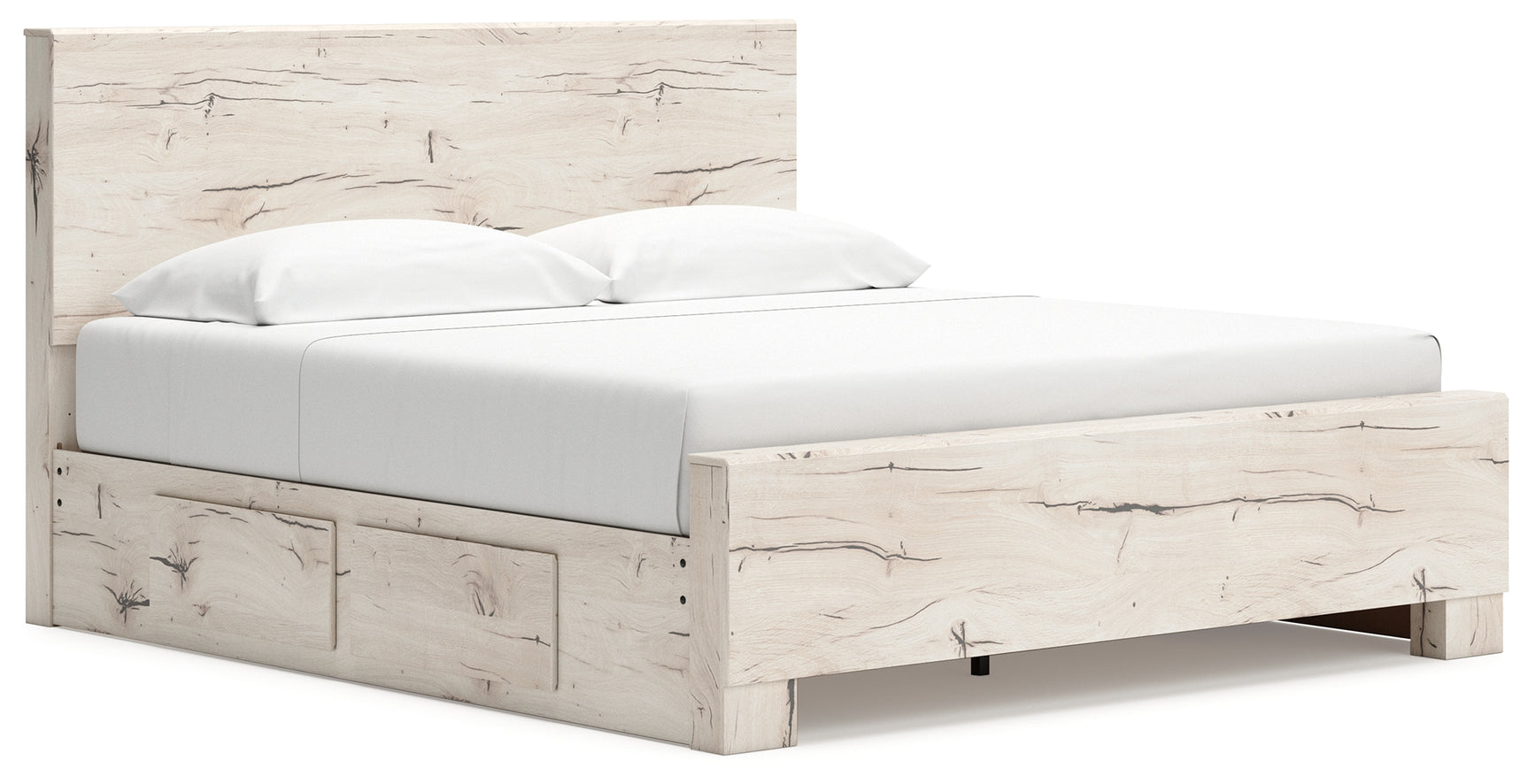 Open storage drawer under Lawroy king bed with faux linen liner
