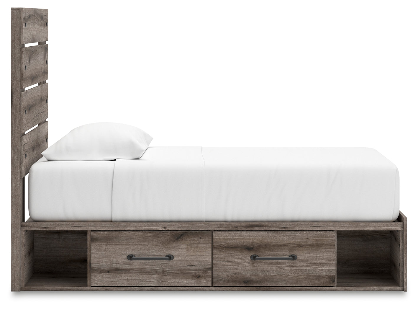 Bed shown with mattress and bedding