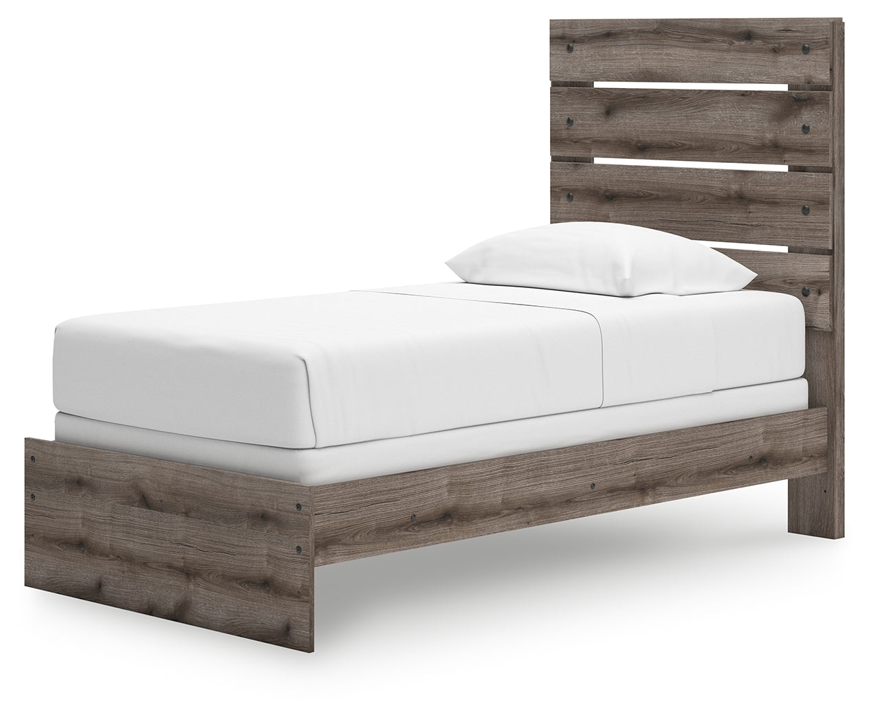 Side angle detail of Graystorm brown gray twin bed