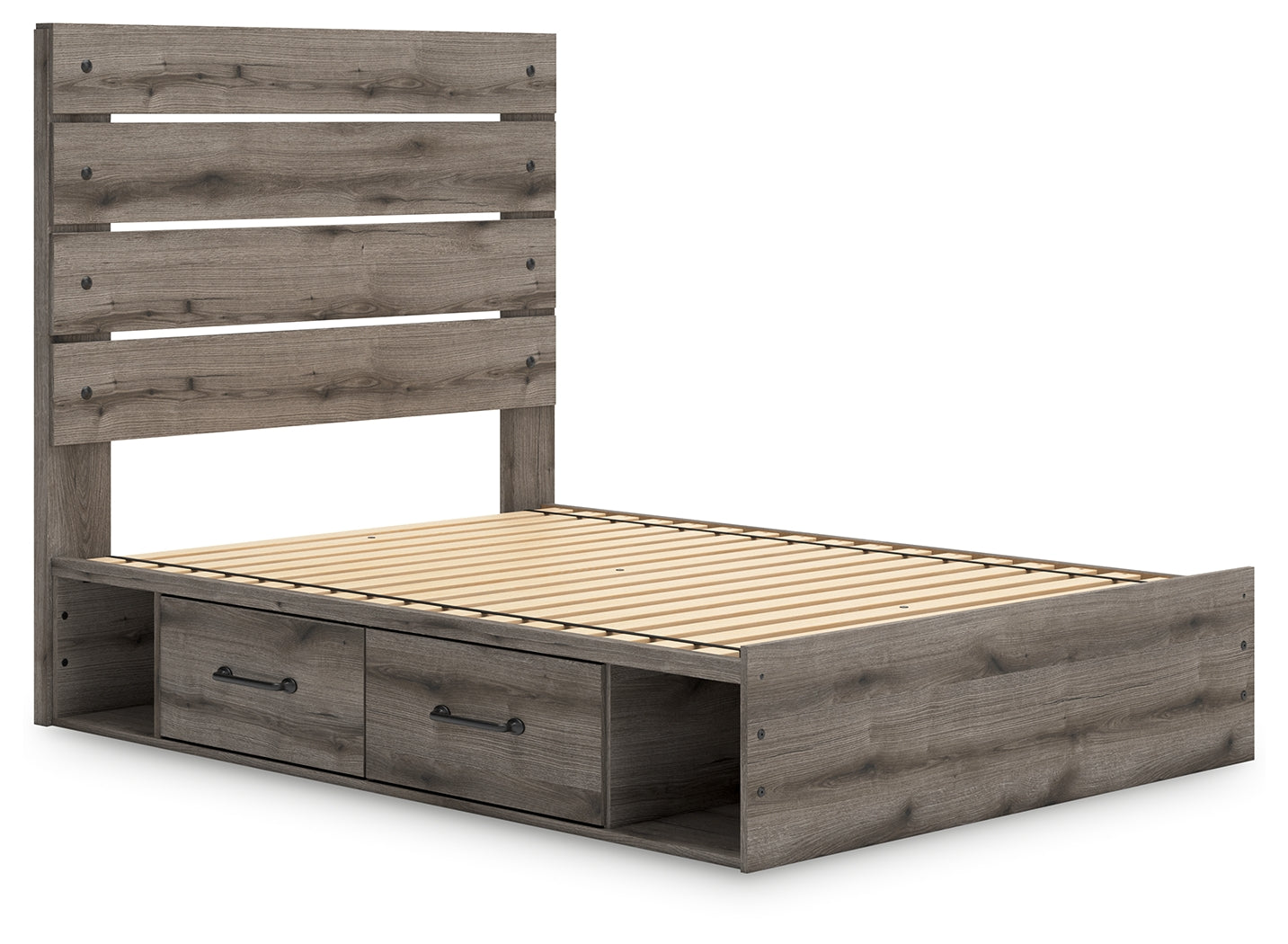 Close-up of bed footboard with laminate replicating oak grain