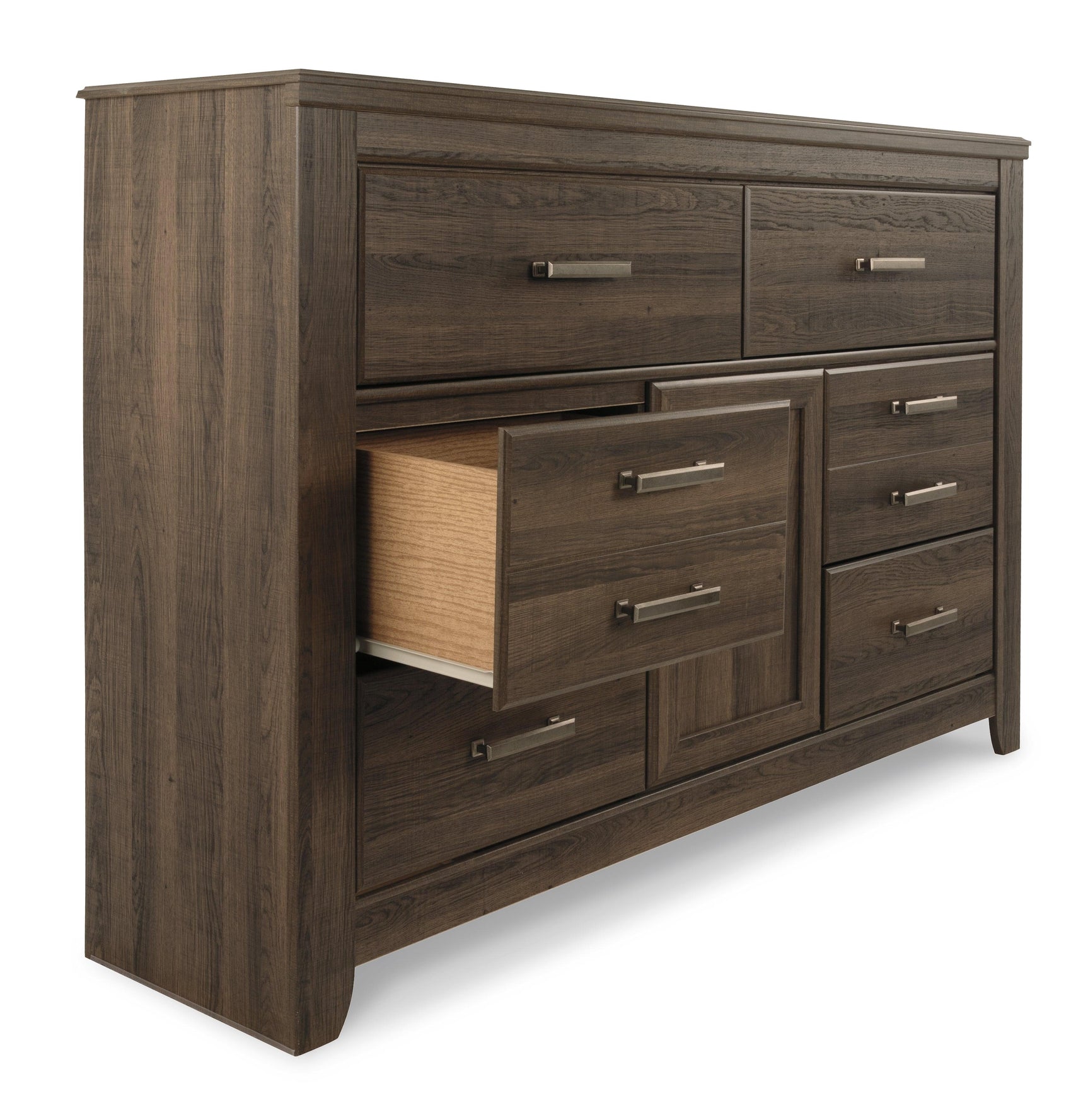 Close-up of pewter-tone hardware on dresser drawer