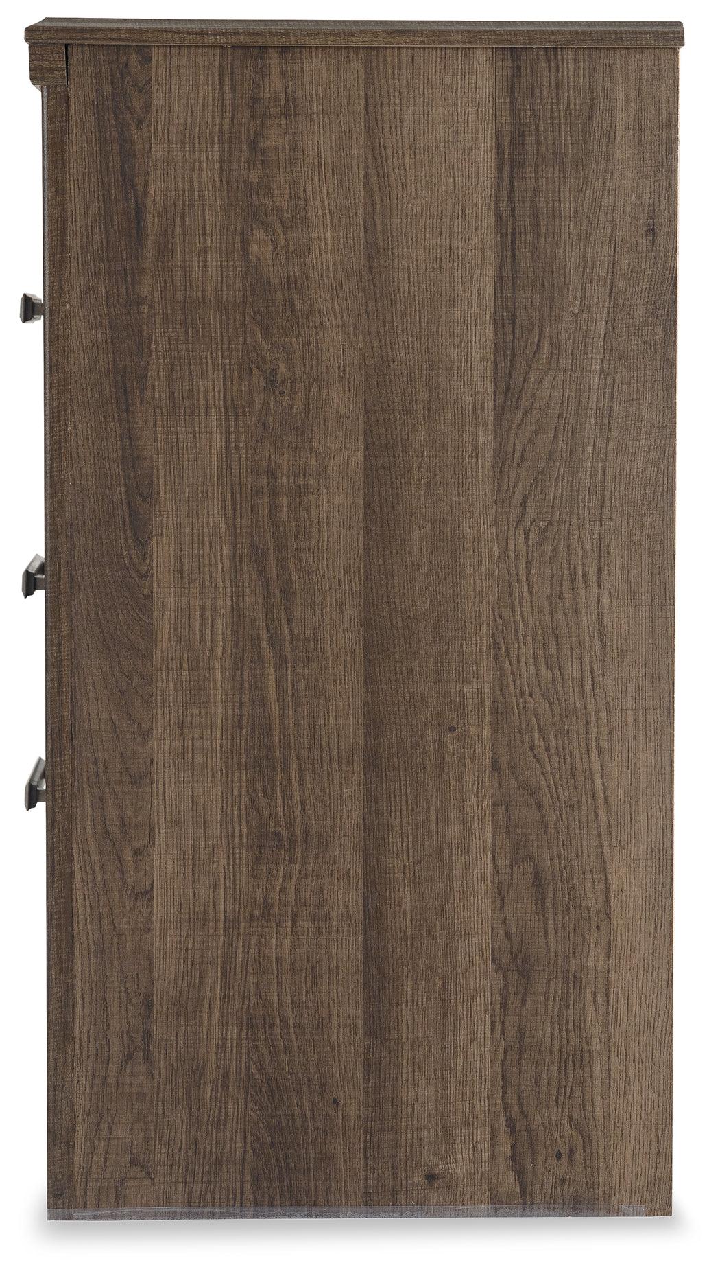 Juararo Nightstand showing open shelf and drawers