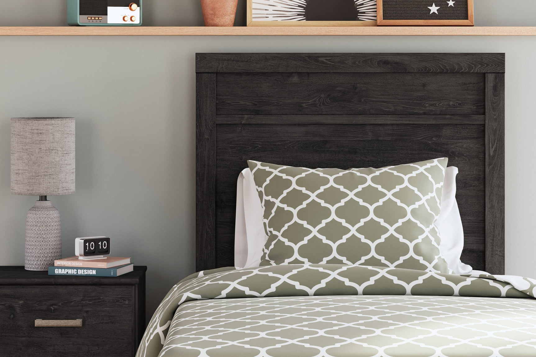 Belachime Black Twin Panel Bed headboard detail close-up
