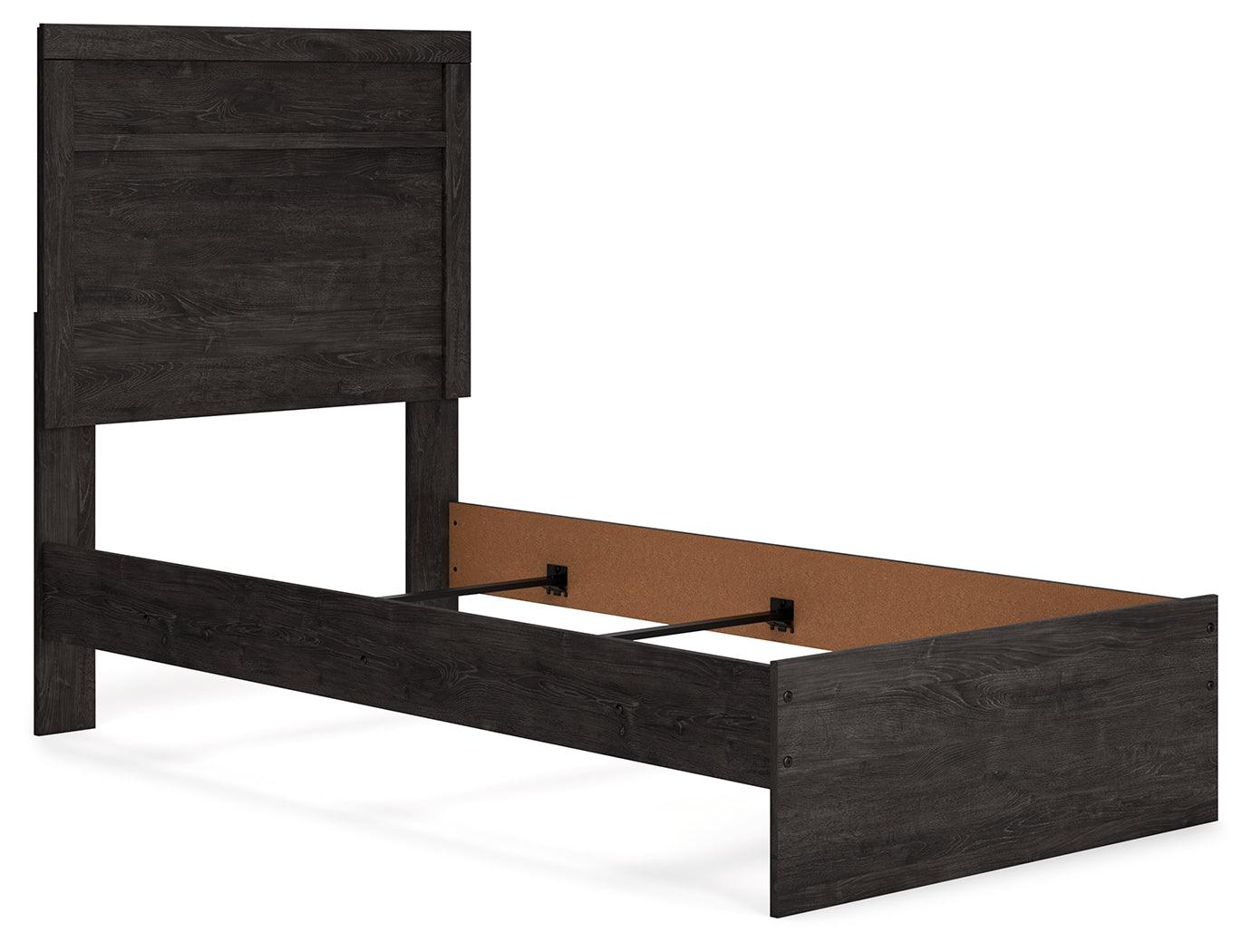Belachime Black Twin Panel Bed angled nightstand side view