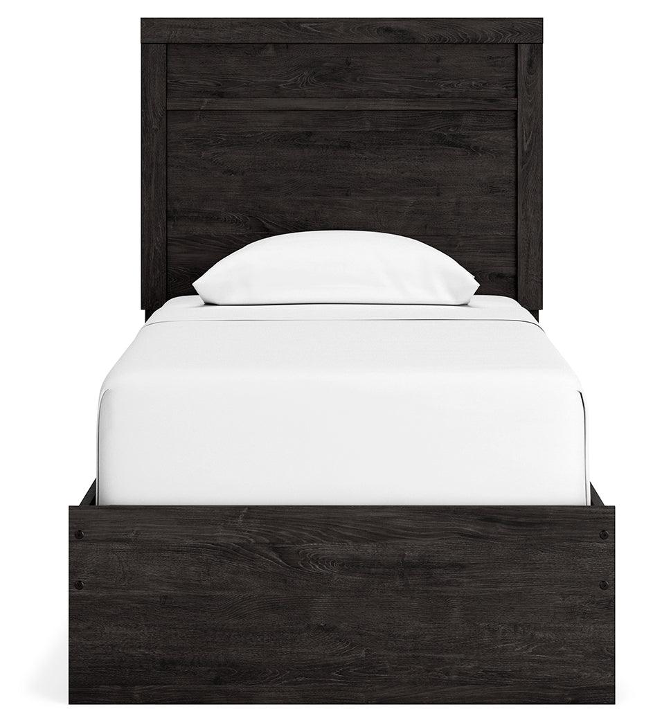 Belachime Black Twin Panel Bed headboard close-up