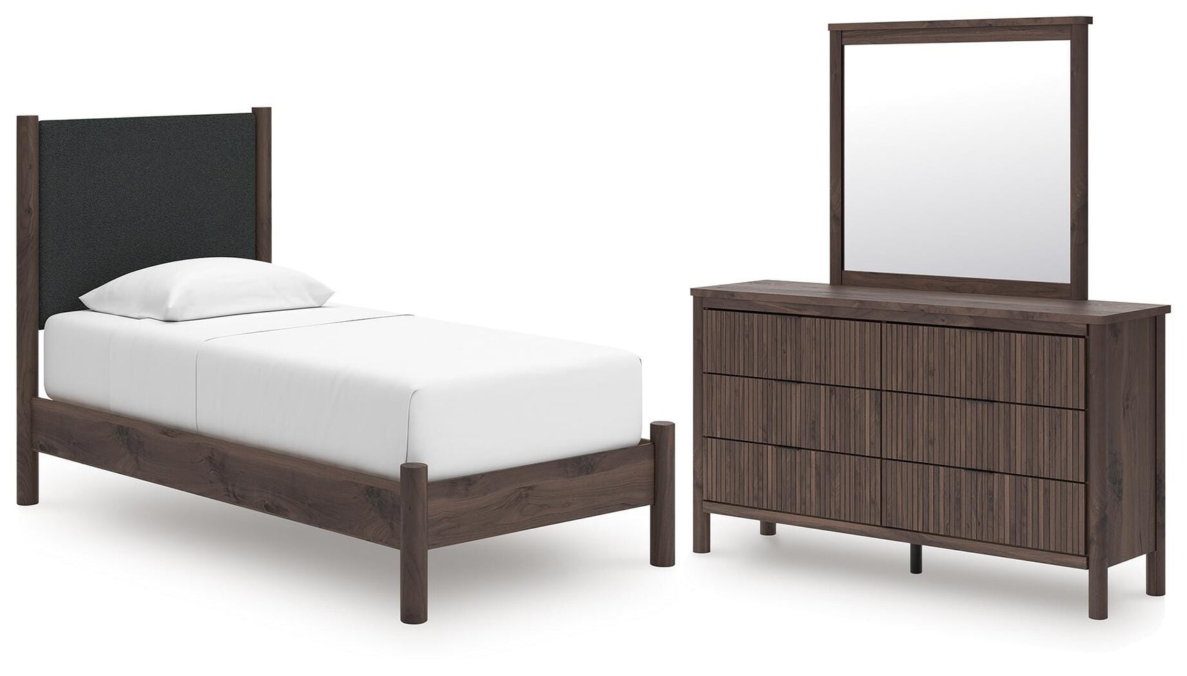Pamytta Brown Upholstered Platform Bedroom Set Twin 3: Bed, Dresser, Mirror from Decor Furniture