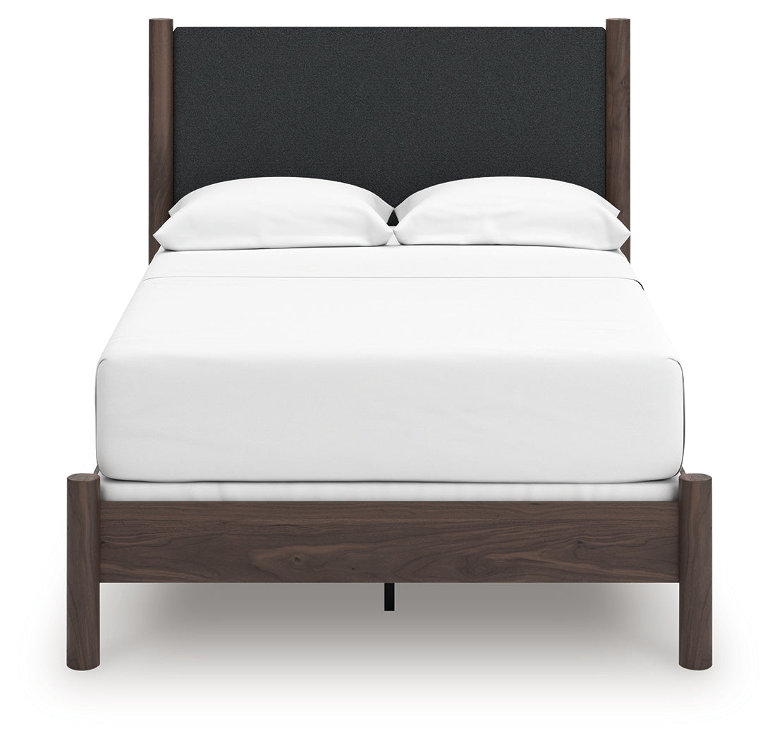 Pamytta brown full upholstered panel bed head-on view