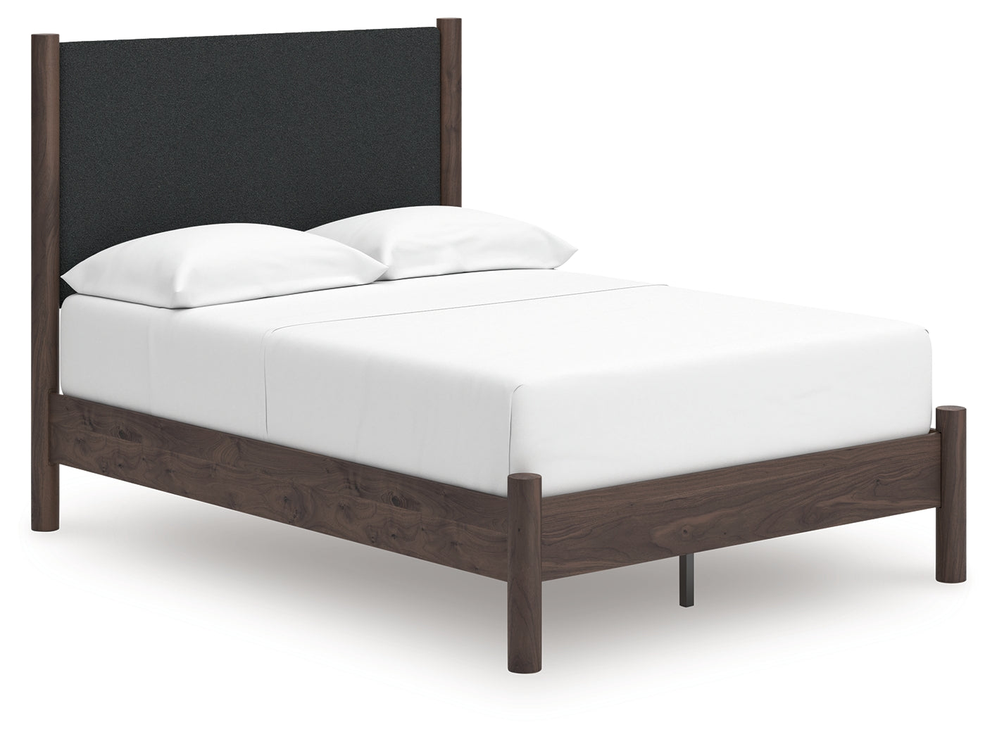 Pamytta brown full upholstered panel platform bed angled front view