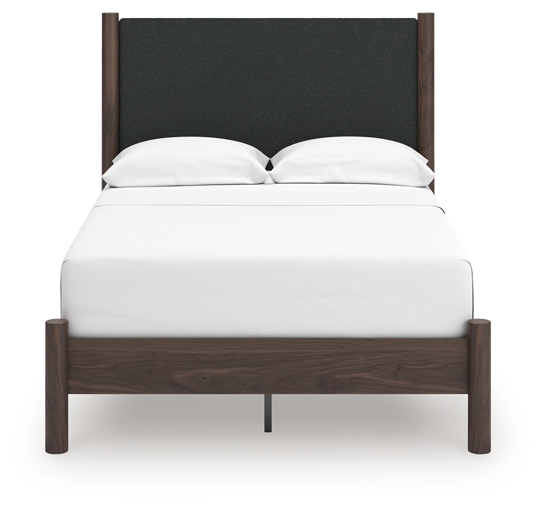 Pamytta brown full upholstered panel platform bed head-on view