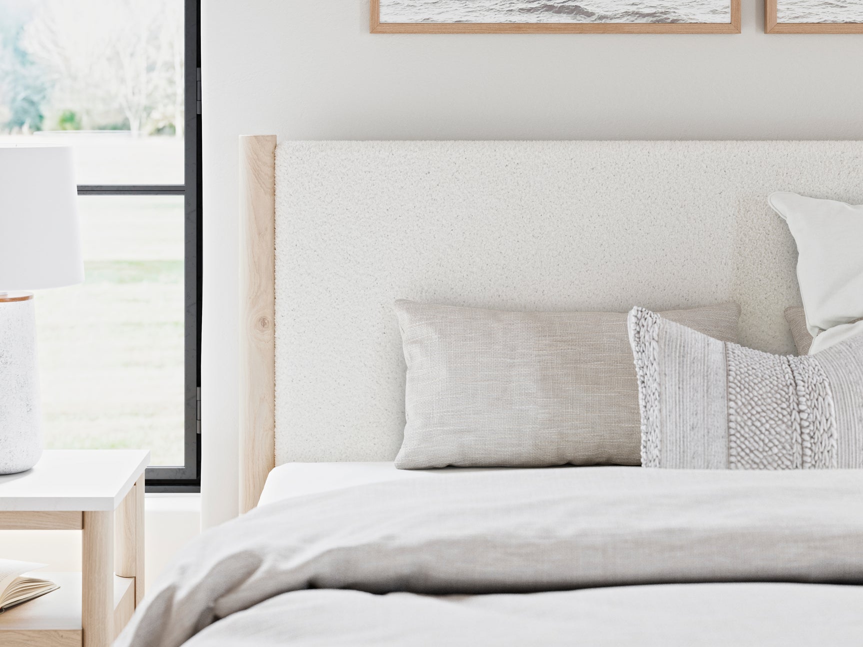 Detail of upholstery on Cadmori king panel bed