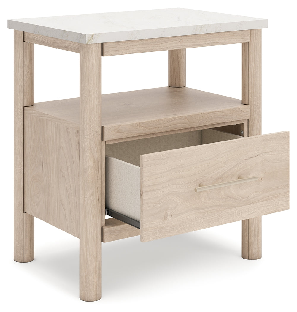 Nightstand drawer open showing faux linen lining