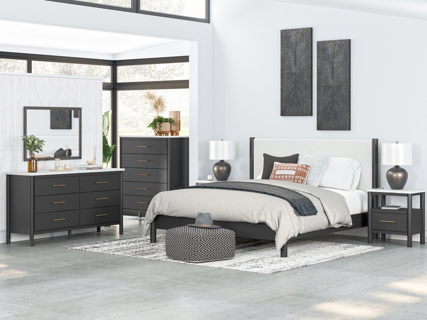 Cadmori King Upholstered Panel Bed staged in bedroom setting