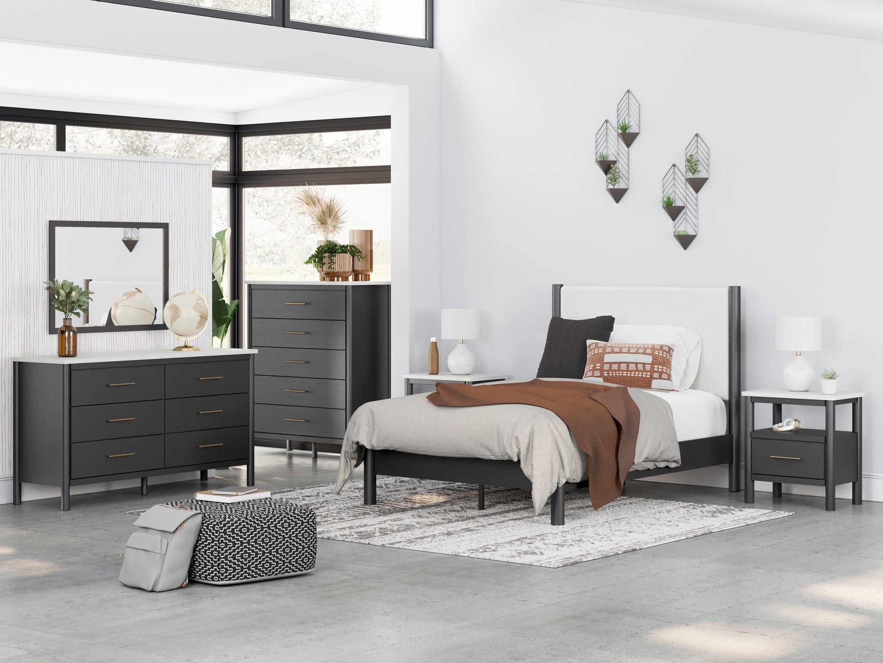 Cadmori Full Upholstered Panel Bed in black matte frame with white upholstery, front angle view