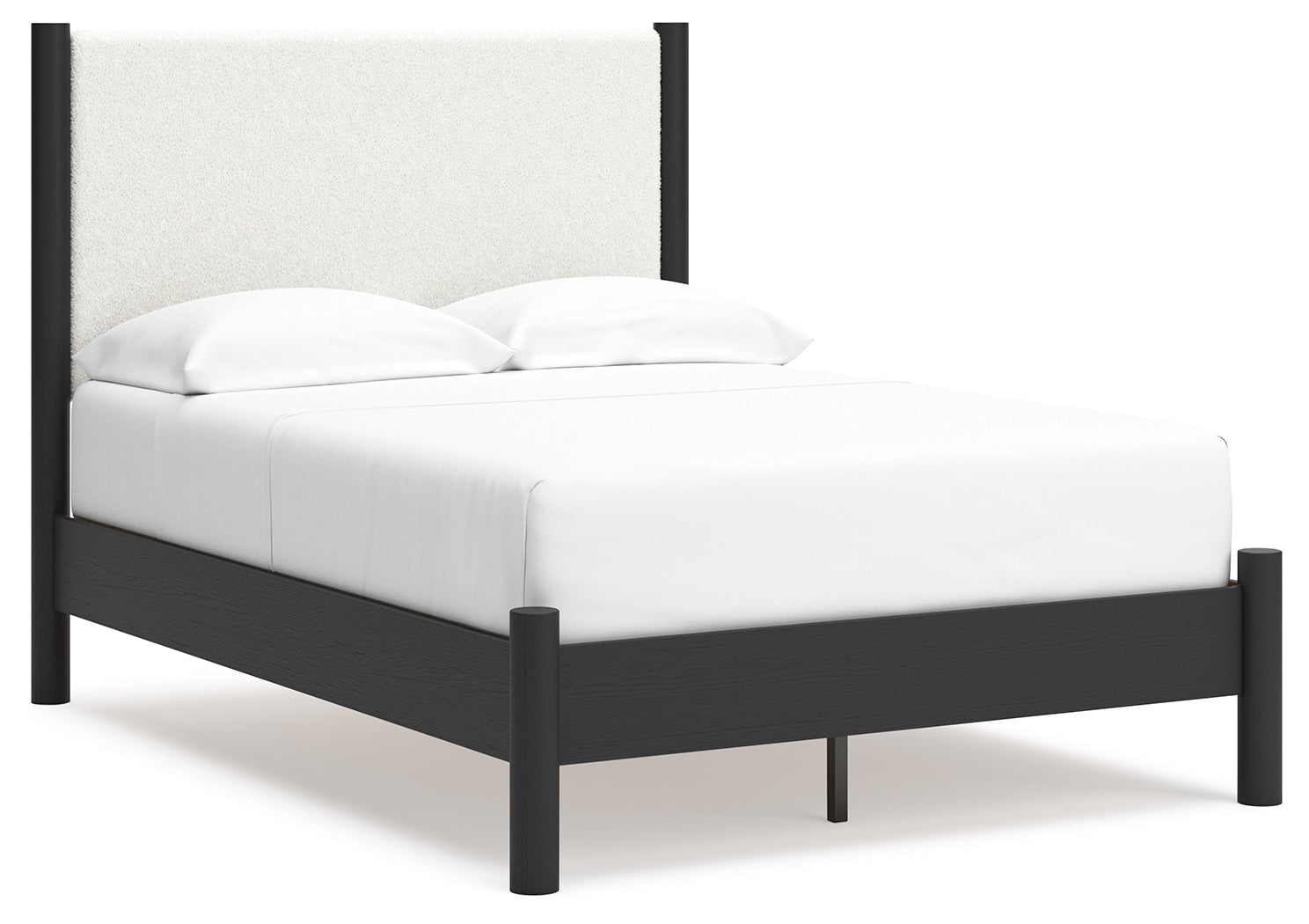 Side angle of Cadmori Full Upholstered Panel Bed highlighting black matte finish frame
