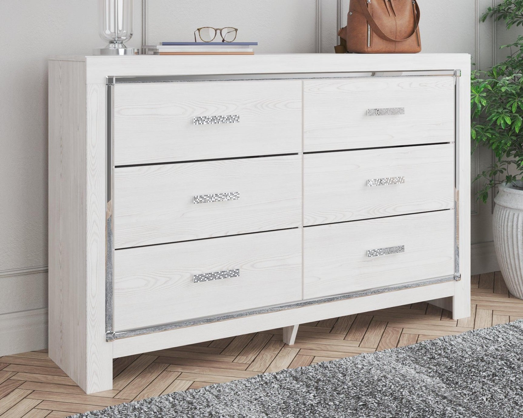 Altyra White Dresser front view with six drawers