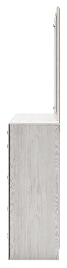 Altyra White Dresser and Mirror angled with mirror attached