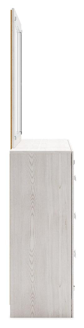 Altyra White Dresser and Mirror close-up on chrome-tone handles