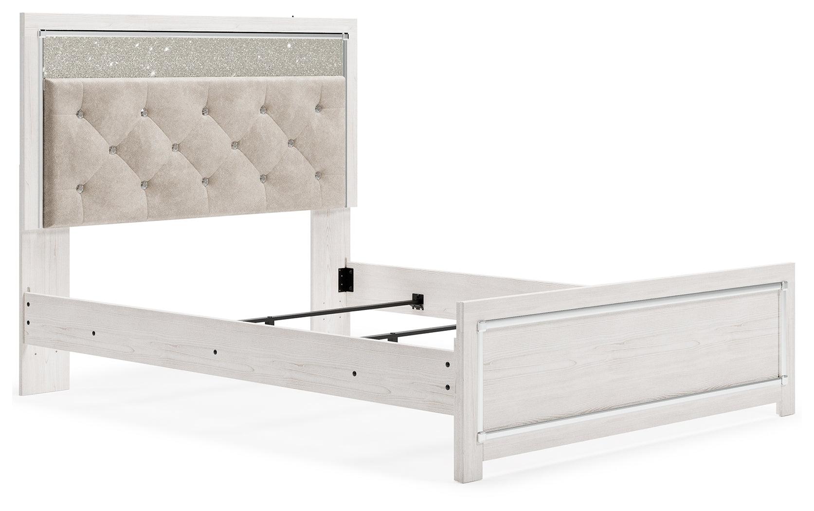 Altyra White Queen Upholstered Panel Bed headboard close-up