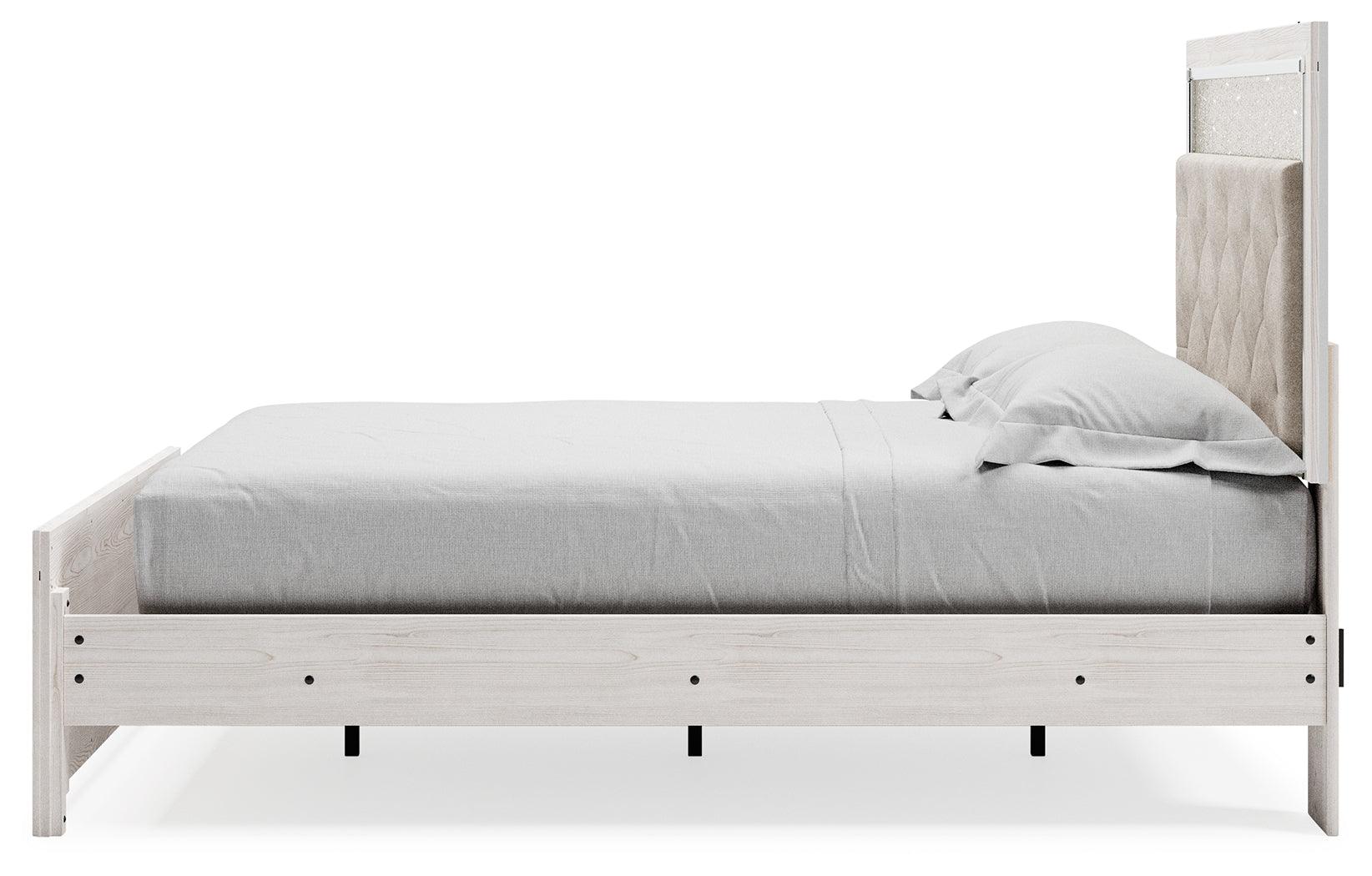Altyra White Queen Upholstered Panel Bed corner view