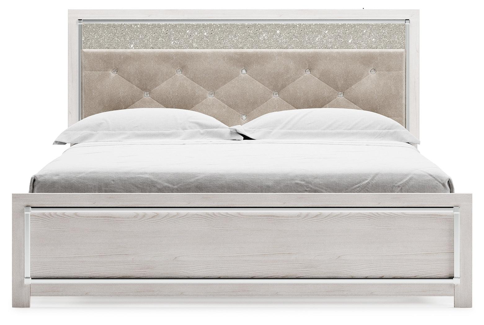 Altyra White King Panel Bed - head-on view showing button tufting