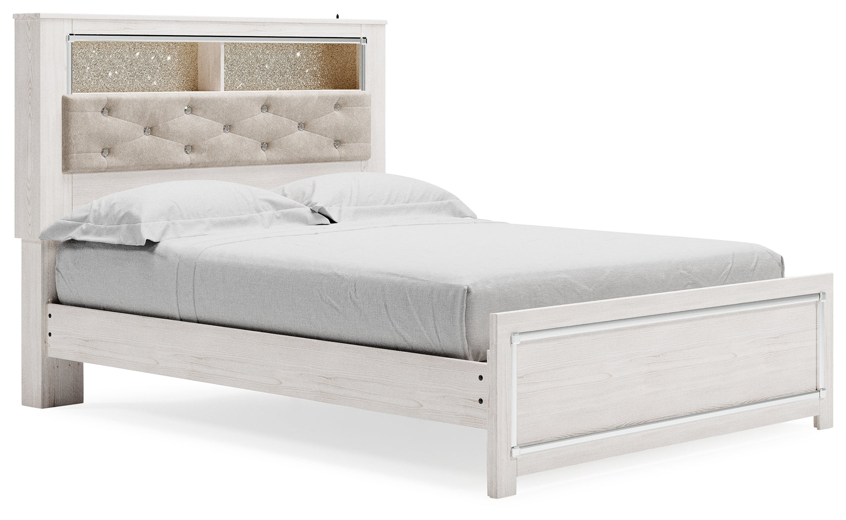 Side angle of Altyra White Queen Panel Bookcase Bed with LED lighting turned on