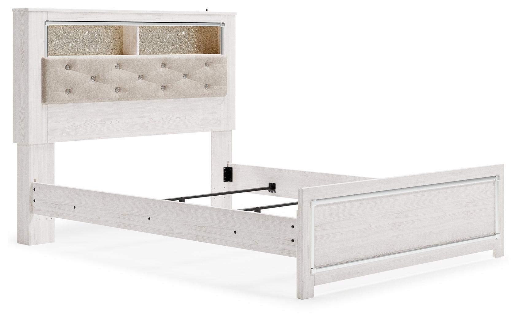 Altyra White Queen Panel Bookcase Bed - close-up of button tufting and chrome accents