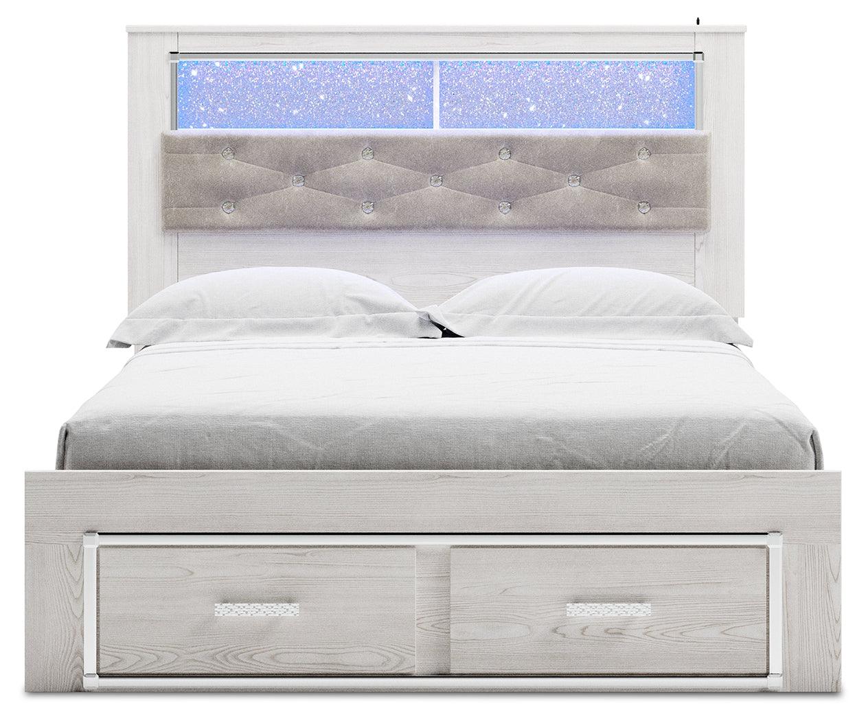 Altyra White Queen Upholstered Bookcase Bed with Storage head-on view