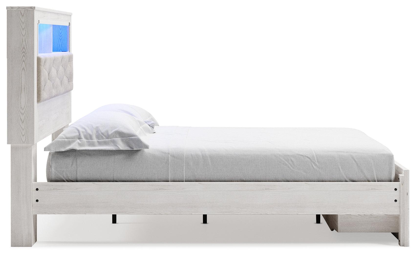 Altyra White Queen Upholstered Bookcase Bed with Storage side close-up