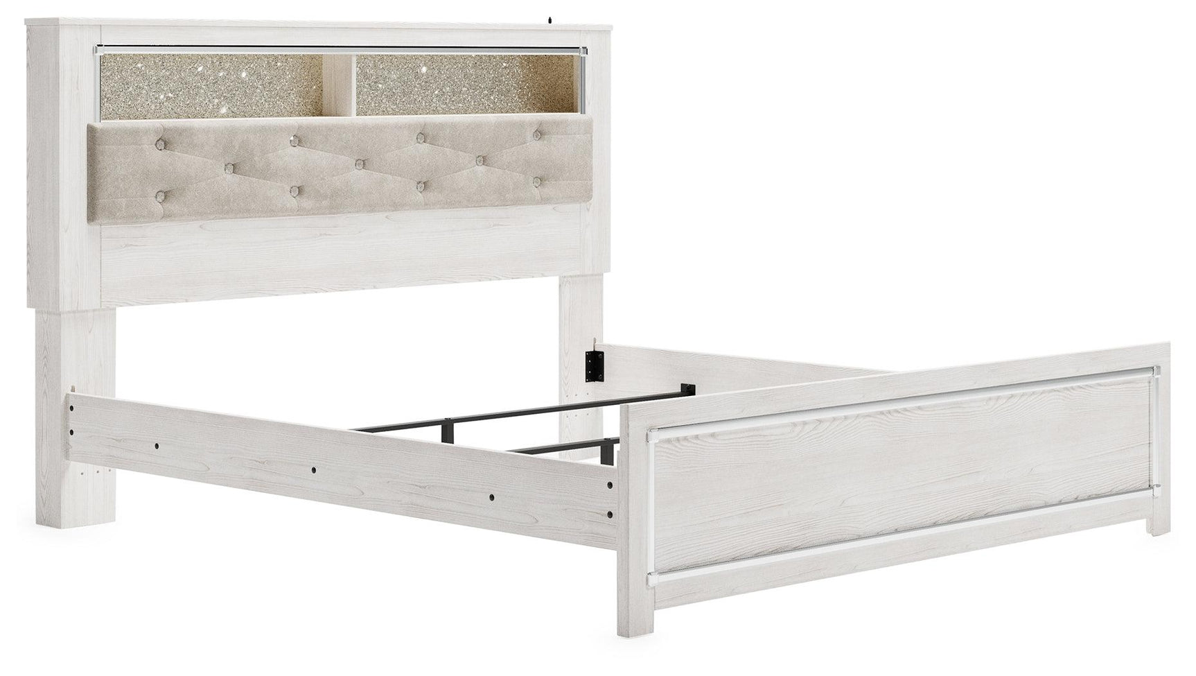 Altyra White King Panel Bookcase Bed angled view highlighting button tufted upholstery