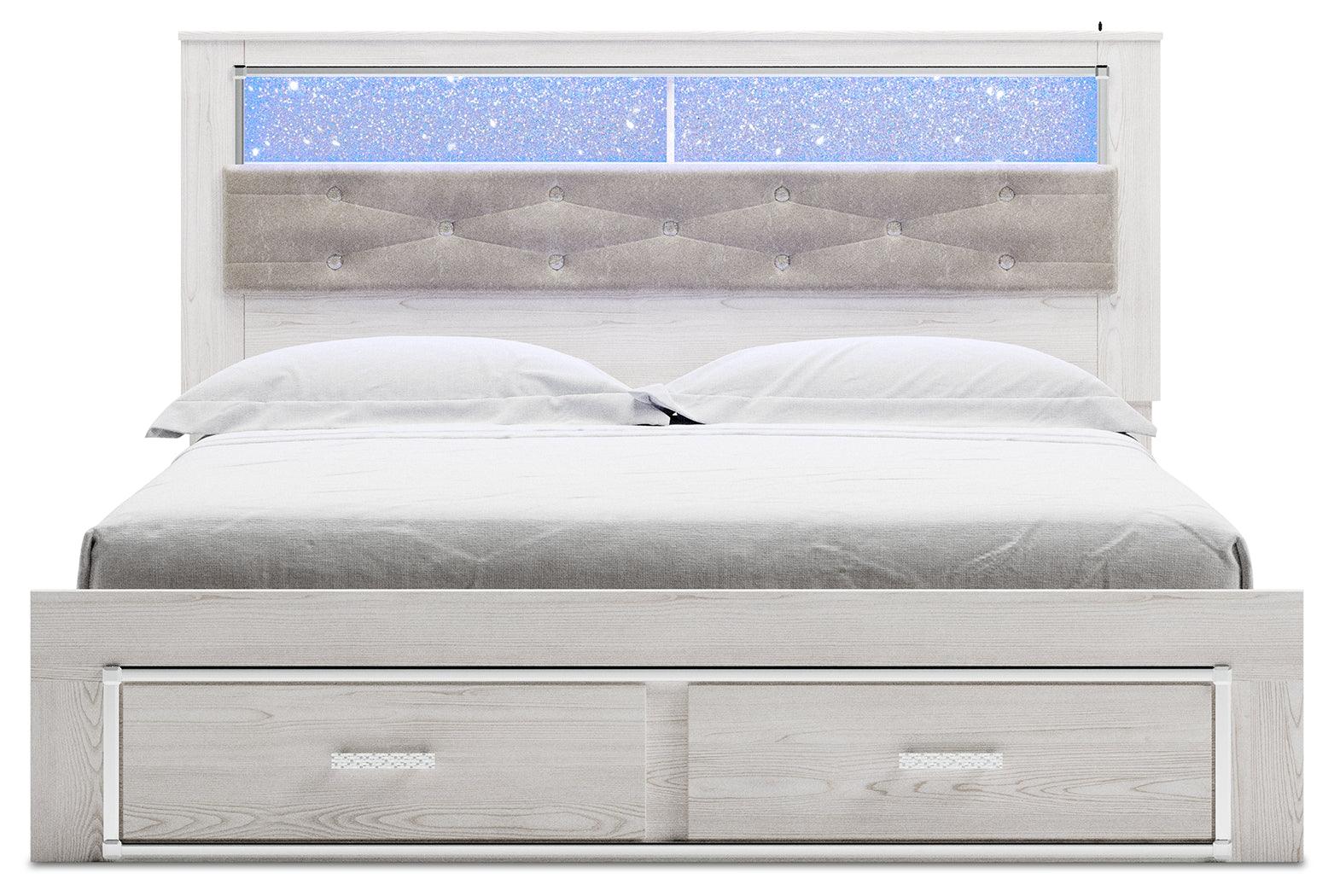 Altyra White King Upholstered Bookcase Bed with Storage - side view